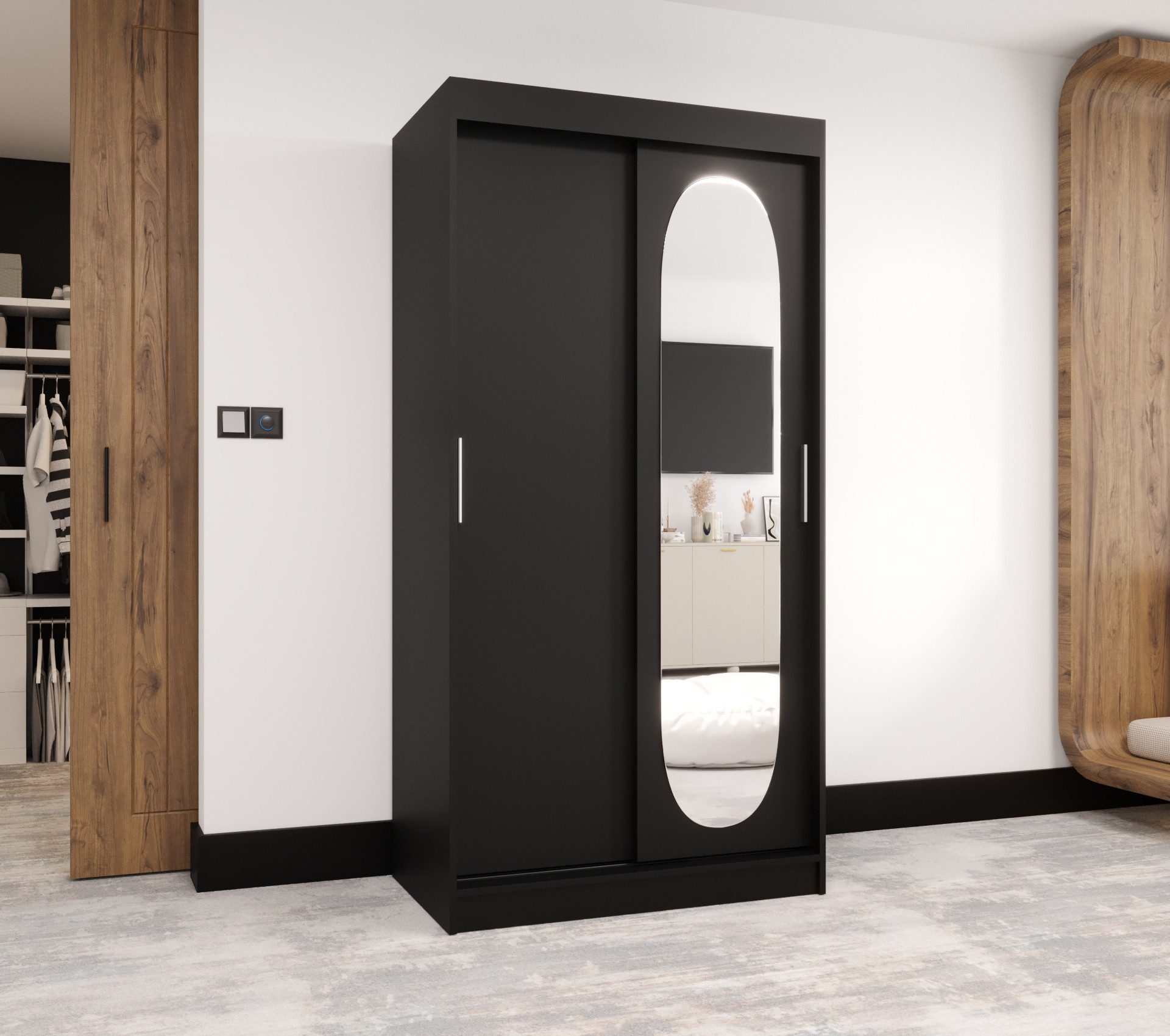 MOEBLO Schwebetürenschrank ROSALIA (Moderner Kleiderschrank mit Spiegelfront, Viel Stauraum, BIMAK Schiebesystem, In 5 Farben & 6 Größen, Schrank Garderobe Schiebtüren Schlafzimmer) 100 /120/150/180/200/250x200x62 cm