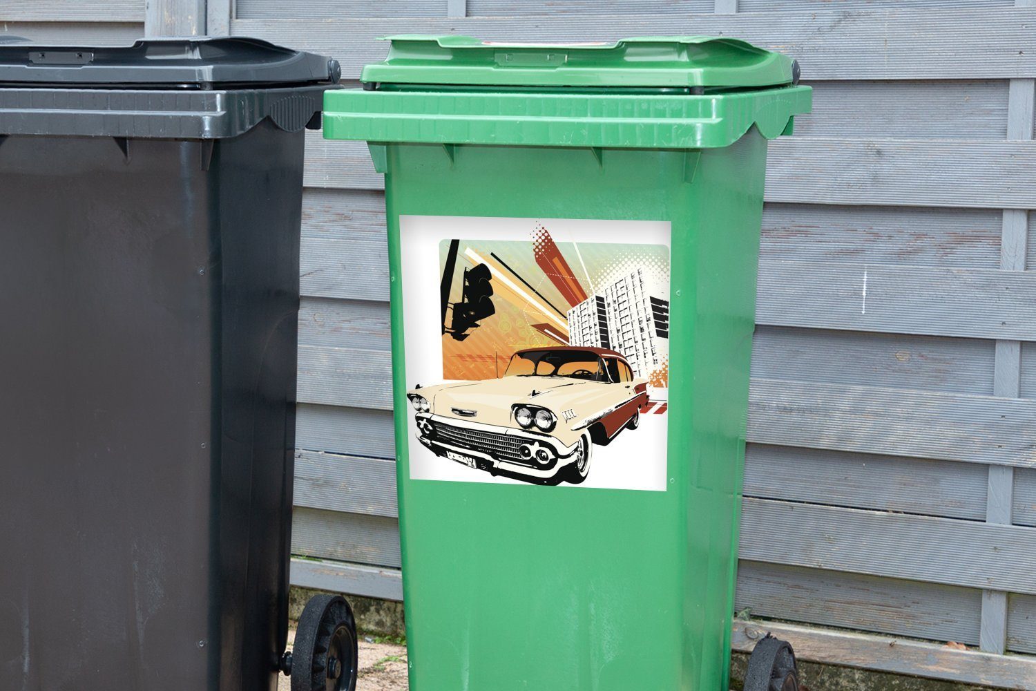 einer (1 Mülltonne, Container, Mülleimer-aufkleber, eines Abfalbehälter MuchoWow St), Oldtimers Sticker, in Wandsticker Stadt Illustration