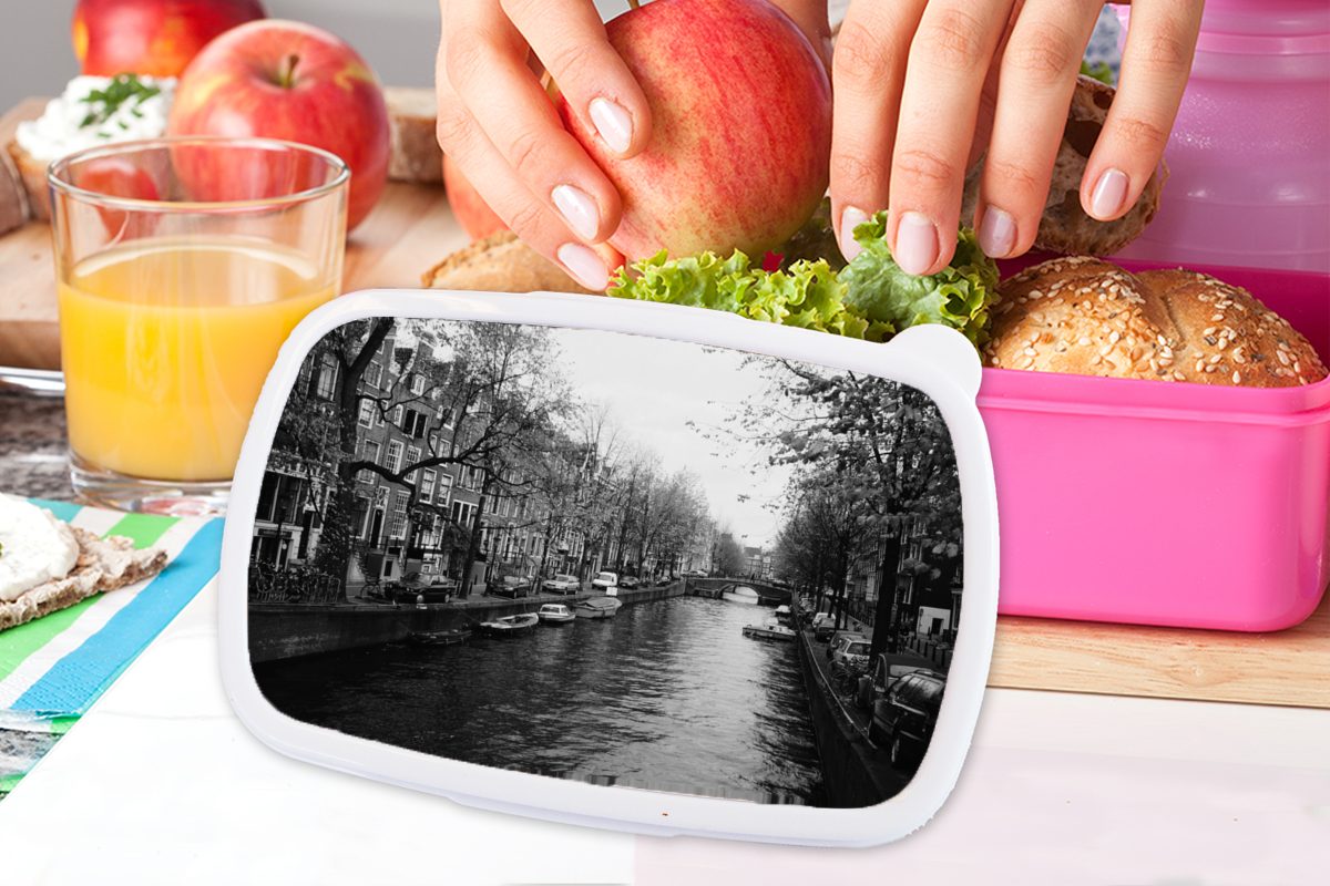 Schwarz Brotdose MuchoWow Brotbox Kunststoff Mädchen, Amsterdam-Kanal - Weiß, für Kinder, - Erwachsene, Lunchbox Snackbox, (2-tlg), Kunststoff, rosa