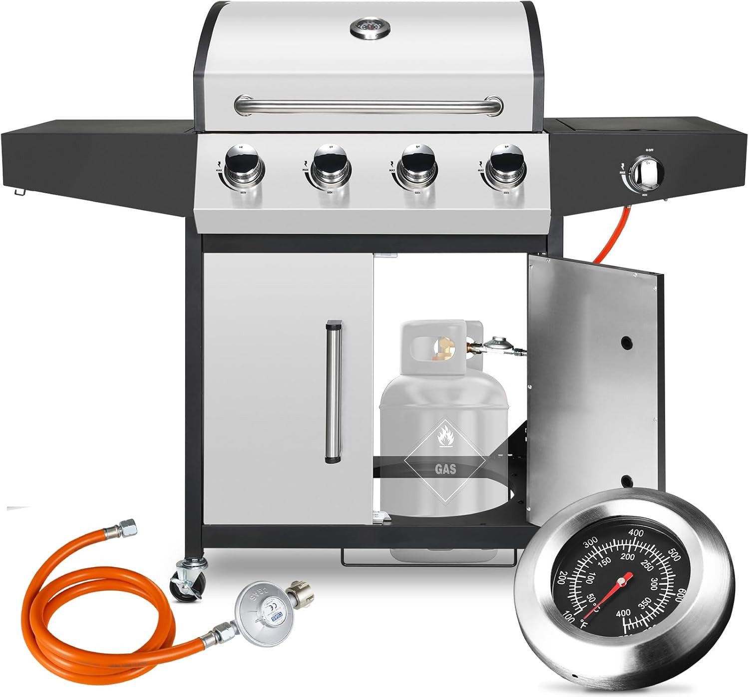 TLGREEN Gasgrill 4+1 Brenner,15 kw Gas Grillwagen BBQ mit Seitenkochfeld, Standgrill DE I3B/P(50) Gasdruckregler, Grillküche Camping Garten(Butan/Propan)