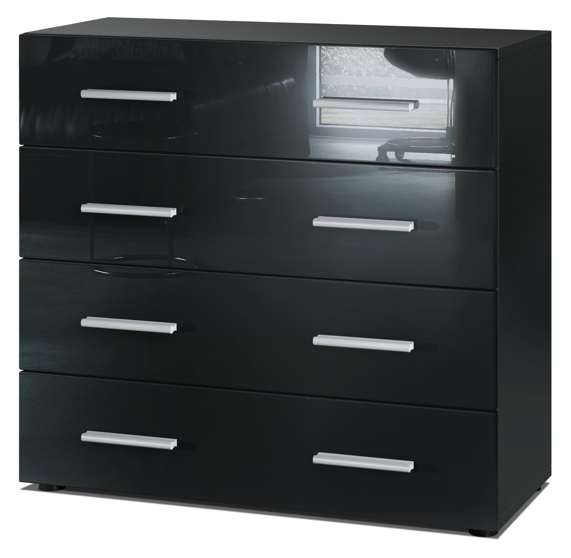 Vladon Kommode Pavos V1 (Kommode, ​mit 4 Schubladen), Schwarz matt/Schwarz Hochglanz (76 x 72 x 35 cm)