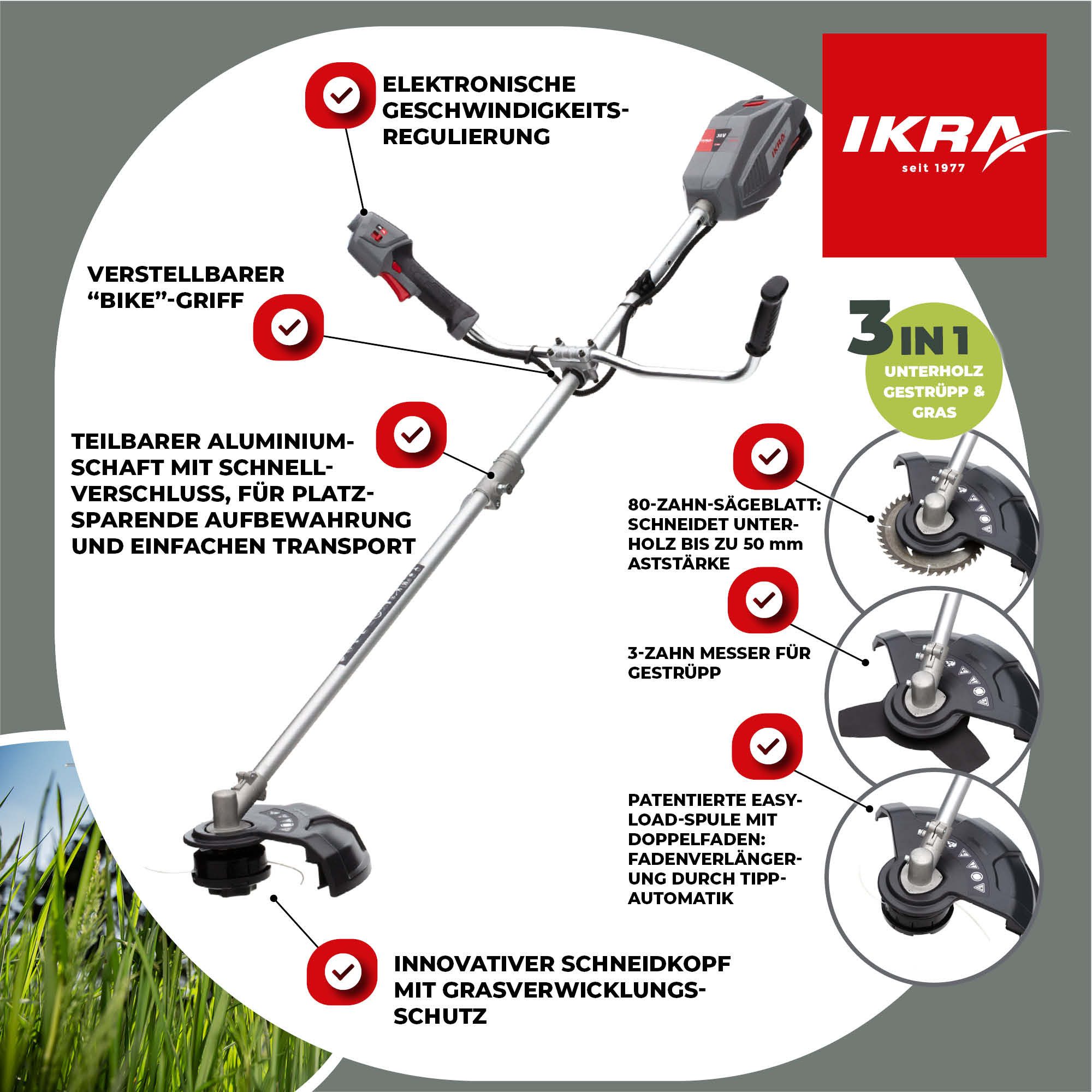 ikra GmbH Akku-Freischneider IB-BC 33, 25,5 cm Arbeitsbreite Messer, 33 cm Arbeitsbreite Faden, ohne Akku & Ladegerät, kompatibel mit BOSCH 36V