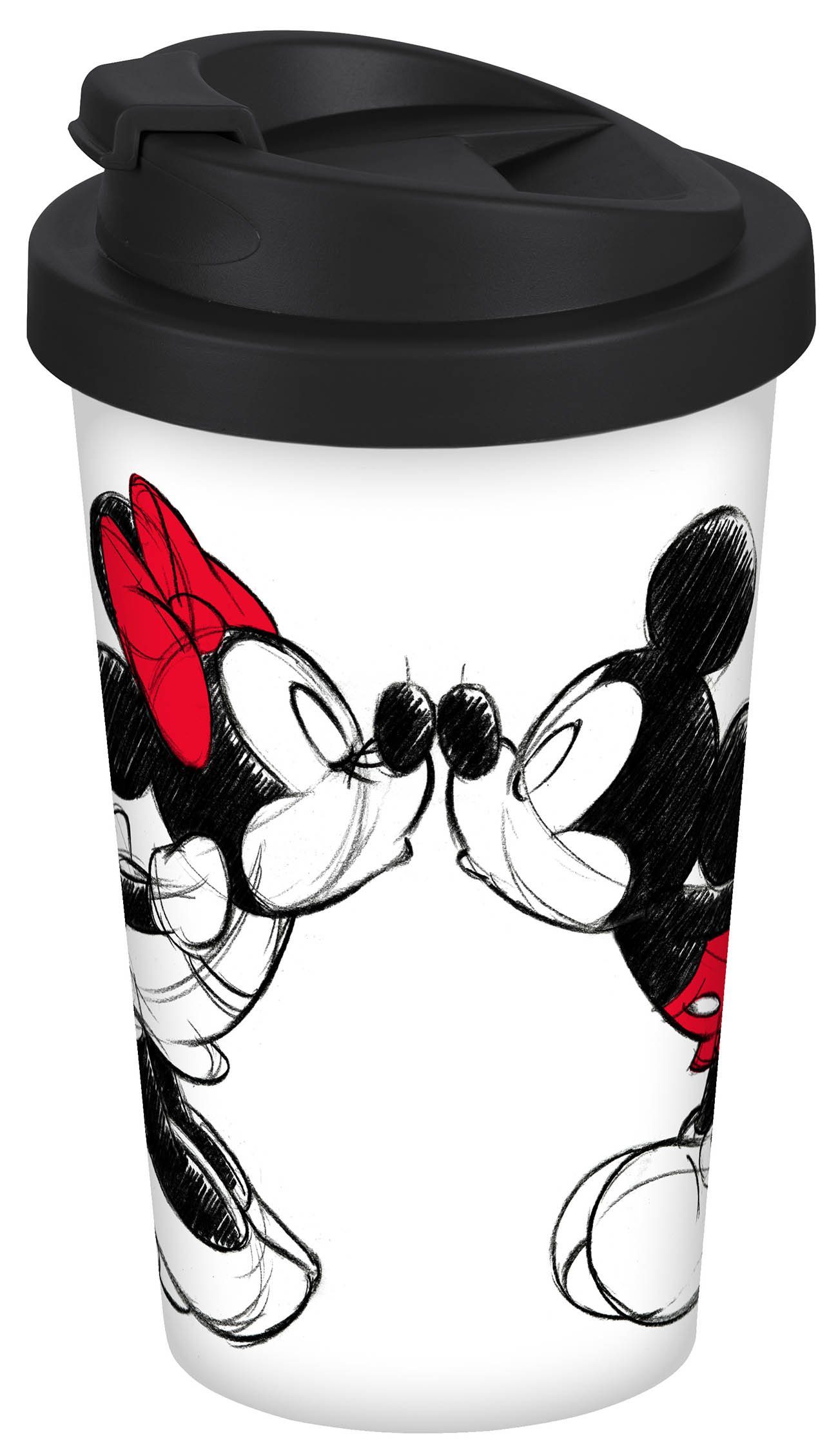 Geda Labels GmbH Coffee-to-go-Becher Mickey Kiss Sketch, PP, Weiß, 400 ml, doppelwandig, auslaufsicher