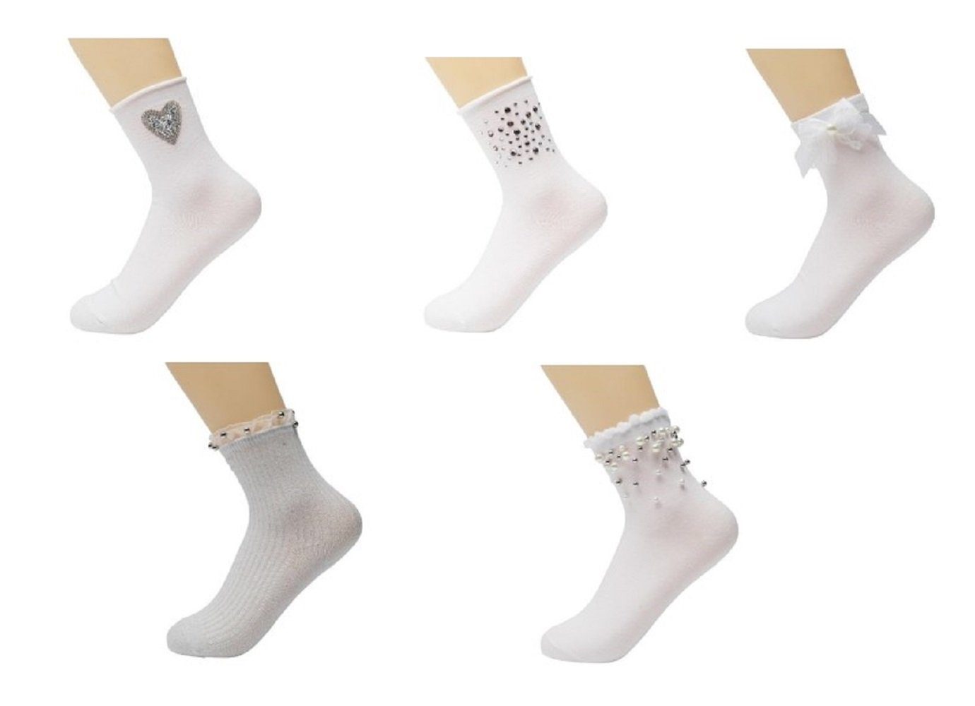 Socken 1 5 Glitzer eleganter Baumwollsocken 30/35 Paar für Lycille NEU mit Mädchen Modell weiß