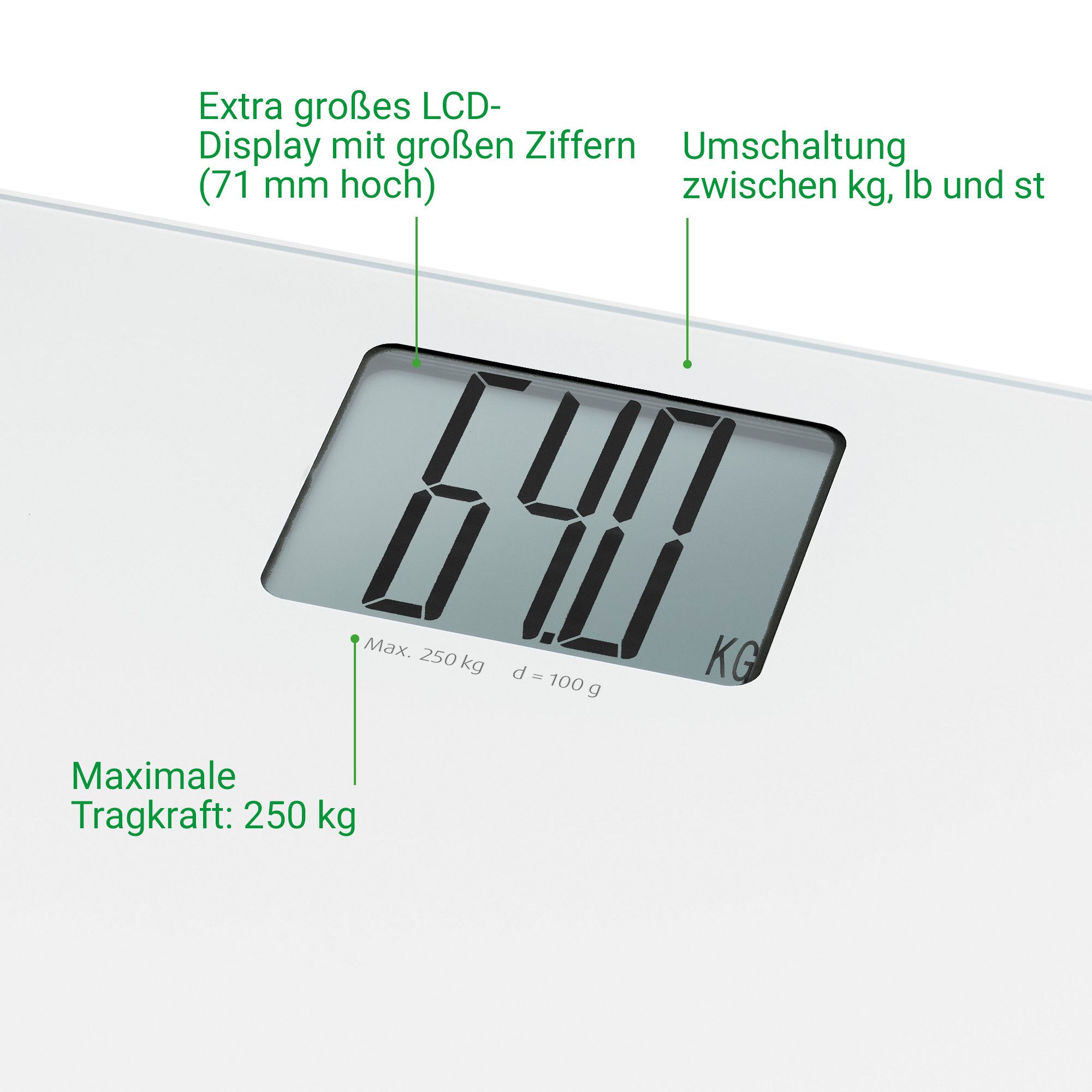 medisana Personenwaage PS 470 XL, Extra großes LCD-Display mit großen Ziffern, Tragkraft 250 kg – Bild 5 von 5