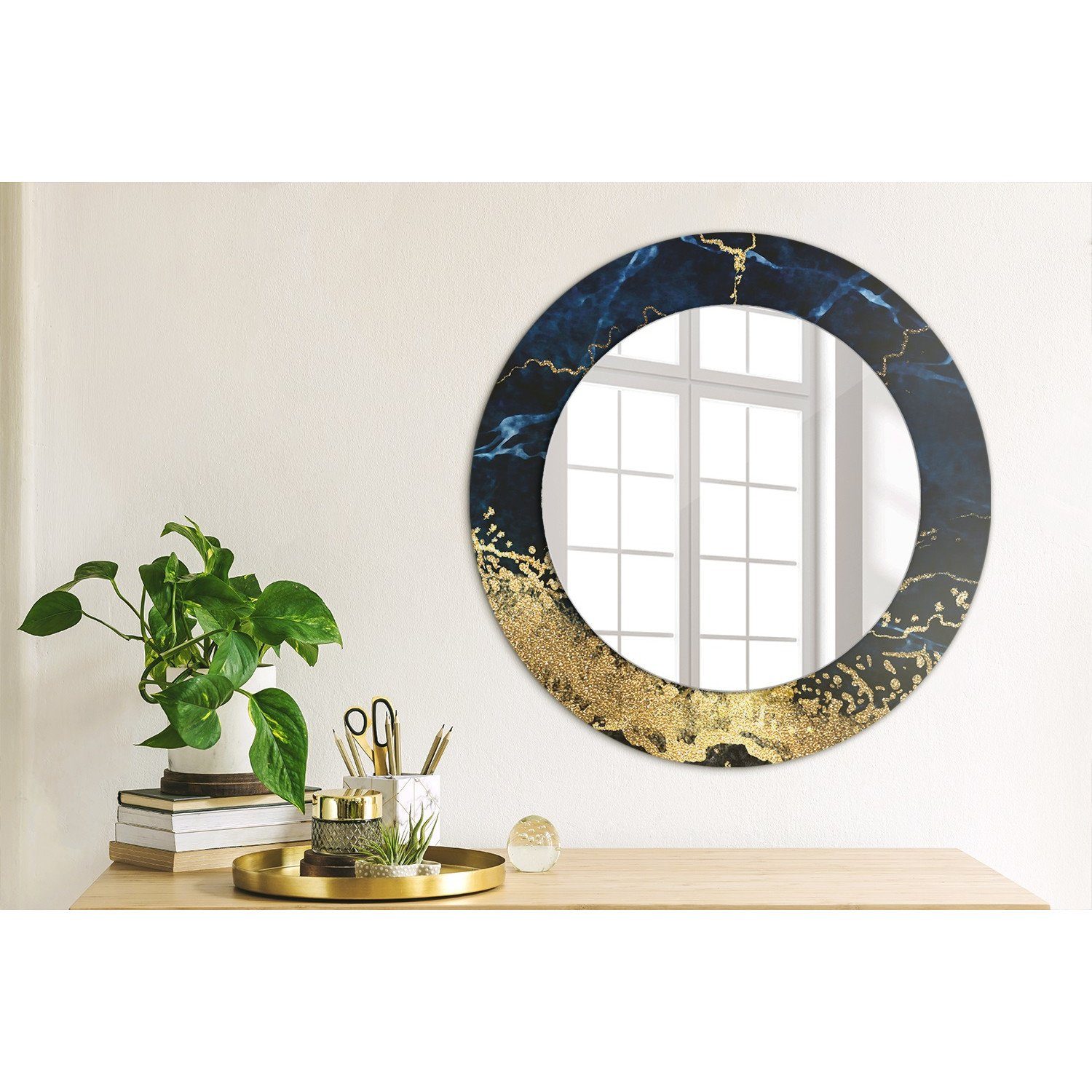 Spiegel Marmor Spiegel Tulup mit Rund: Wandmontage Ø50cm Modern Aufdruck Blau Wandspiegel