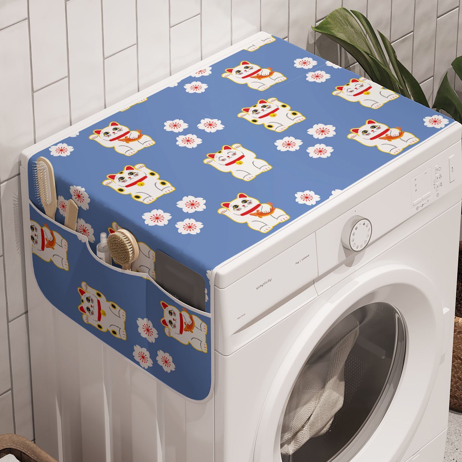 Abakuhaus Badorganizer Anti-Rutsch-Stoffabdeckung für Waschmaschine und Trockner, Süße Katze Maneki Neko-Katzen-Muster