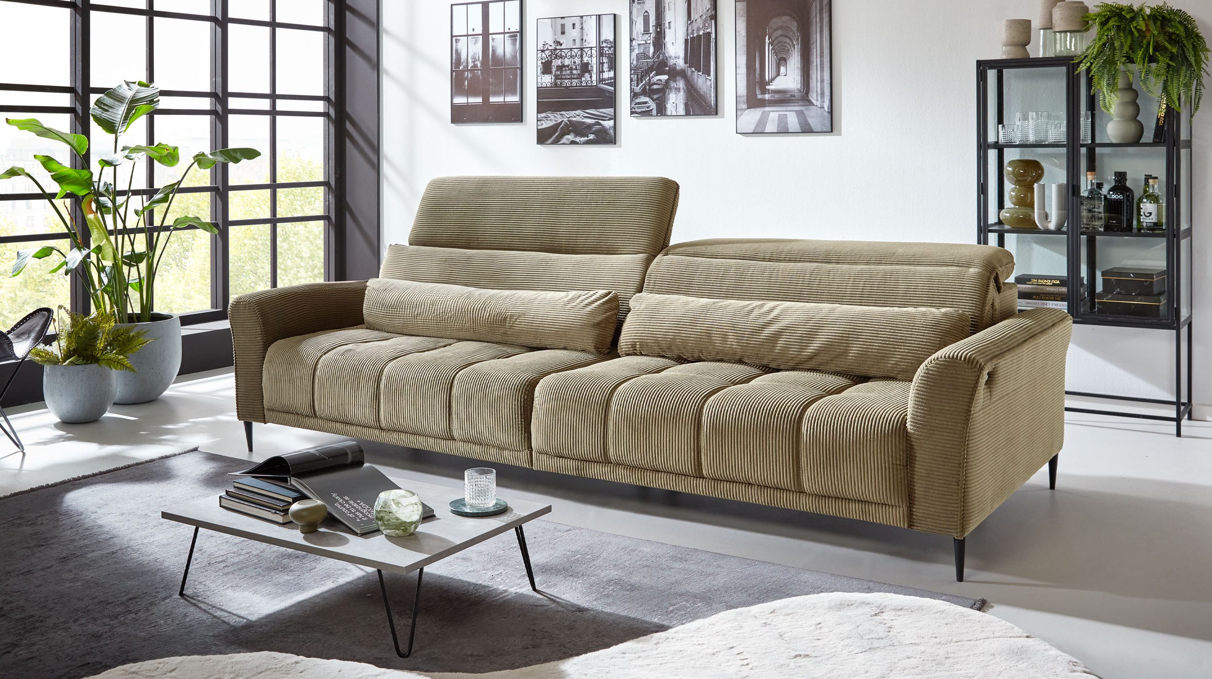 Massivart® Big-Sofa LOGAN Cord grün 280 cm / 4-Sitzer, Sitztiefenverstellung, Kopfteilverstellung, Wellenunterfederung