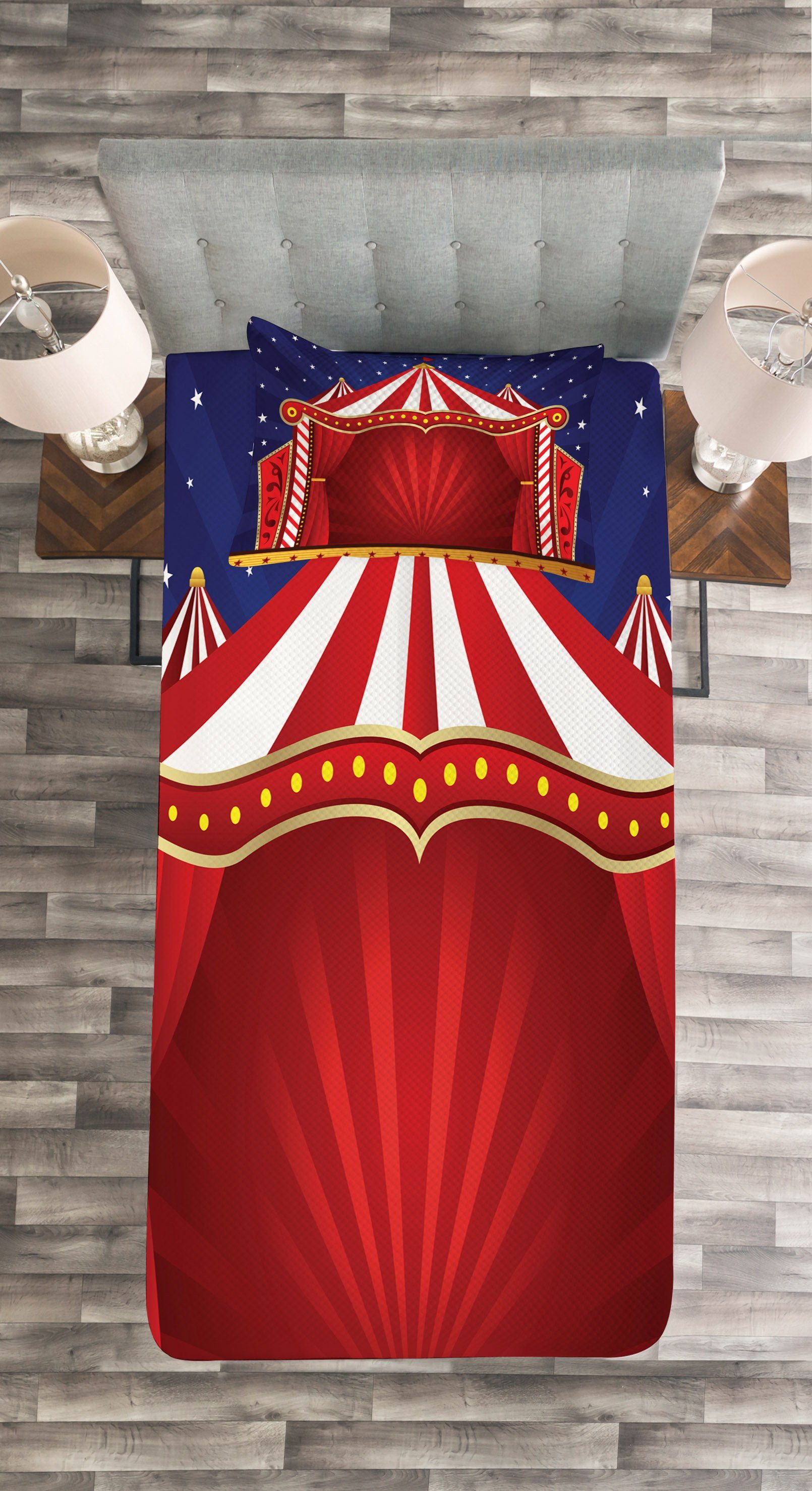 Tagesdecke Set mit rot Leinwand-Zirkuszelt Kissenbezügen blau Waschbar, Abakuhaus