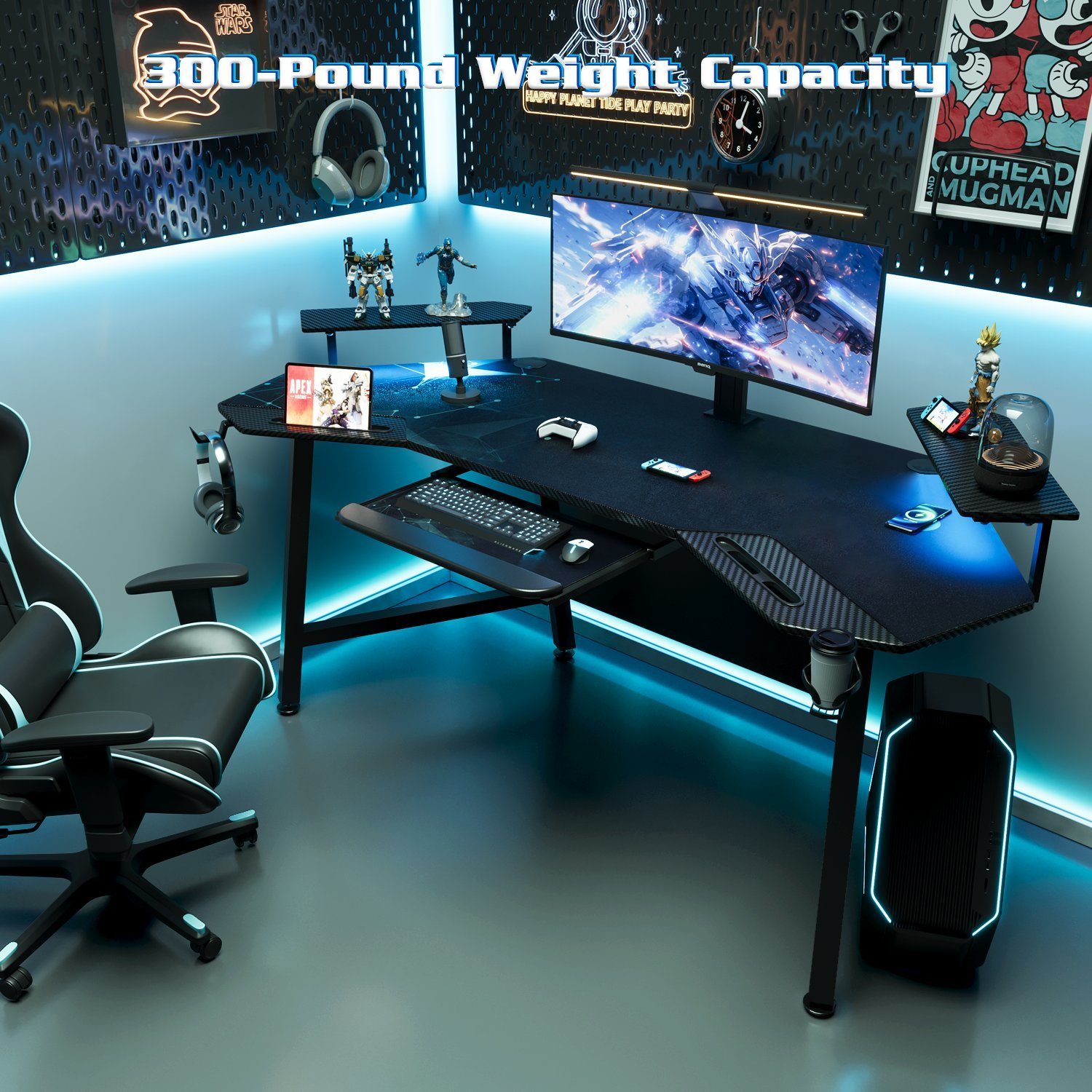 LED HOMALL Tisch Computertisch Gaming Gamingtisch mit mit Tastaturablage 180cm