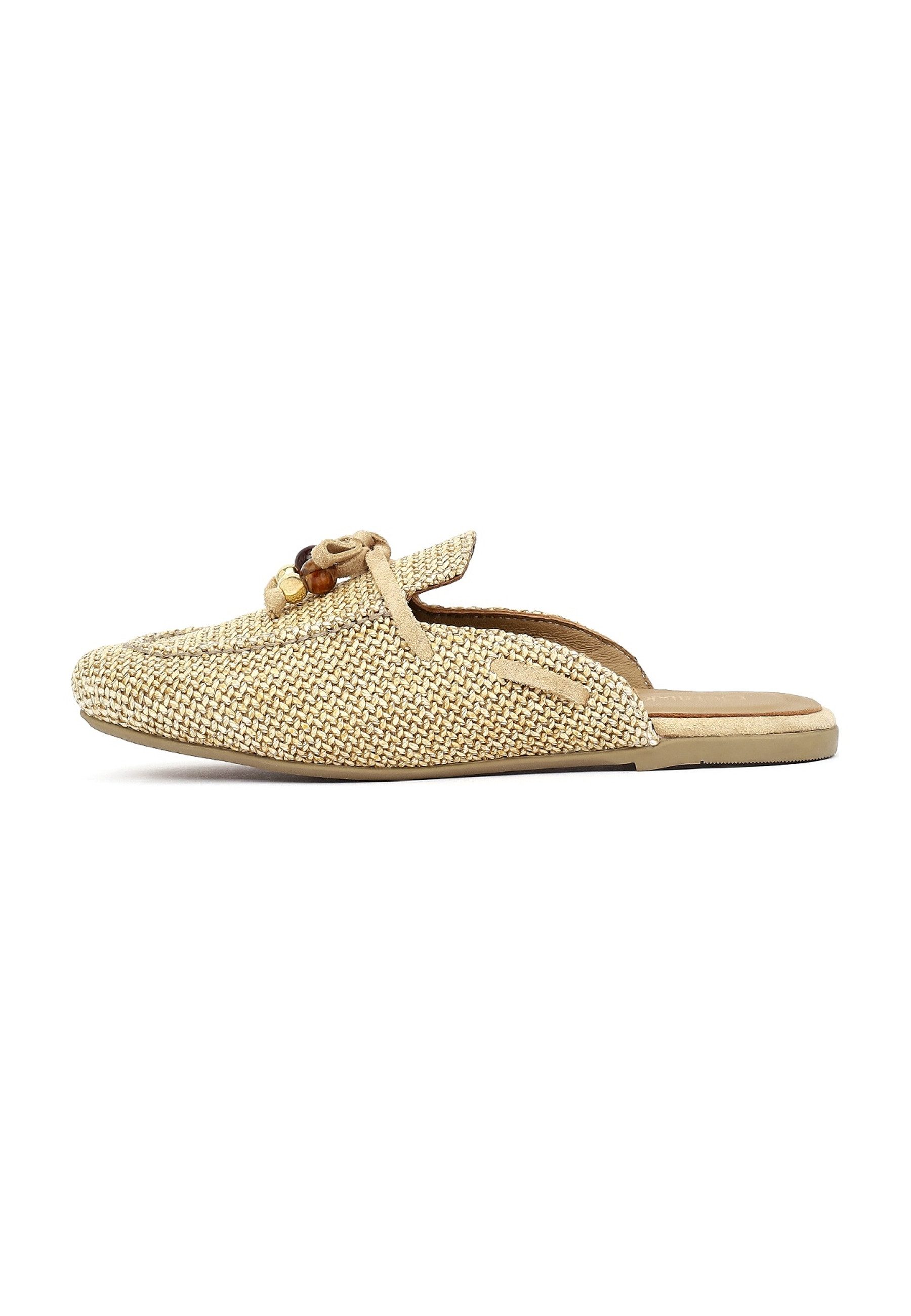 Derimod Loafer-Mules aus Textil Mules Geflochtener Stoff, Lederinnenfutter, Perlenbesetzte Schleife