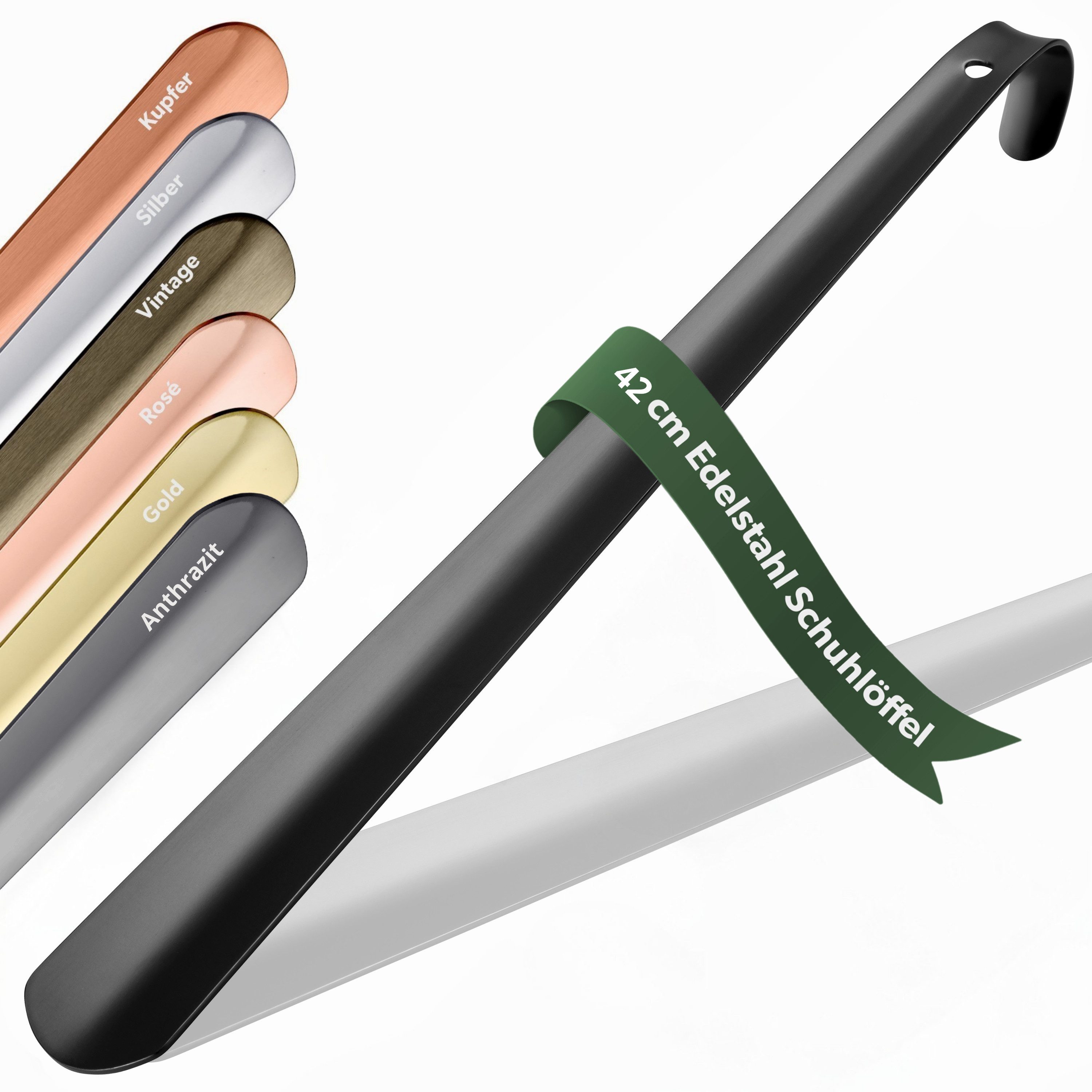 JK Trade Schuhlöffel 42cm Edelstahl Schwarz pulverbeschichtet (1-tlg., lang & stabil), Metall Schuhanzieher lang zum Stehen, Aufhängbar, 2mm Extra Stabil