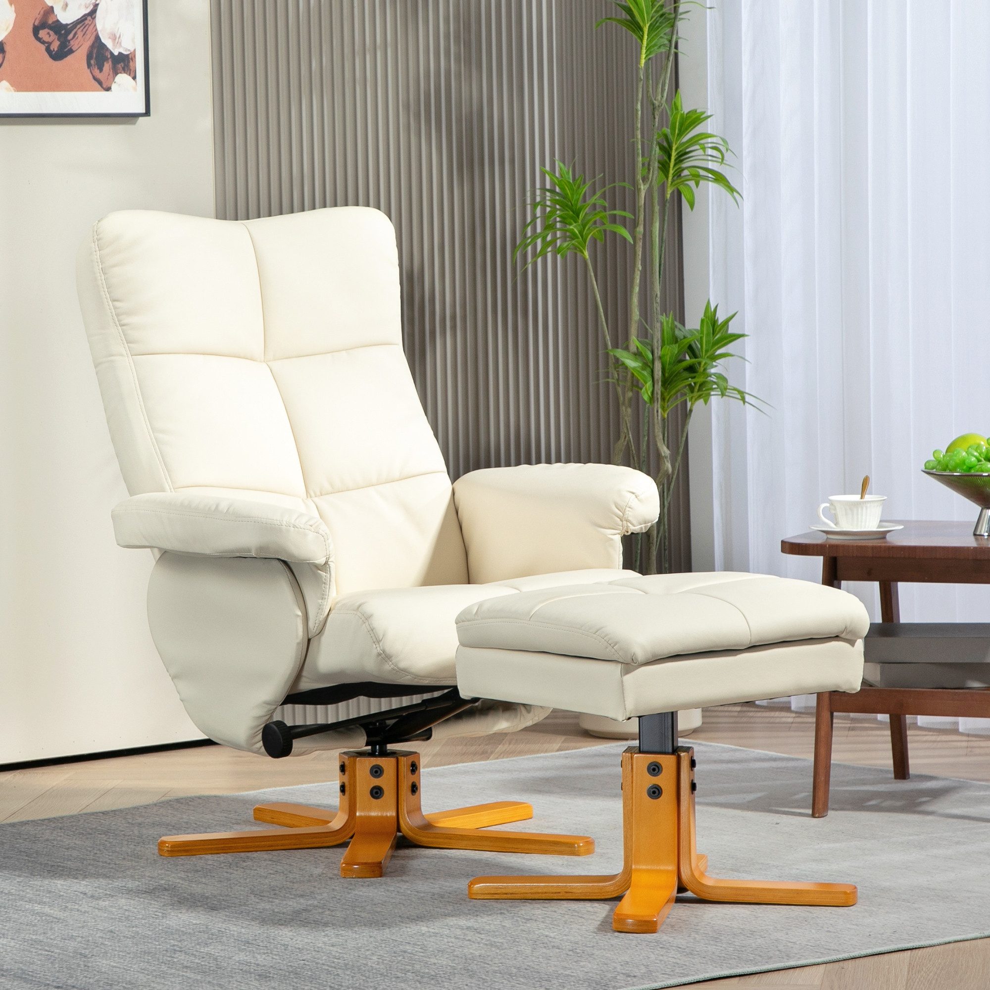 HOMCOM Relaxsessel mit Hocker und Stauraum, mit Liegefunktion (Fernsehsessel, 2-St., 360° drehbarer Sessel), Kunstleder Holzgestell Cremeweiß 80 x 86 x 99cm