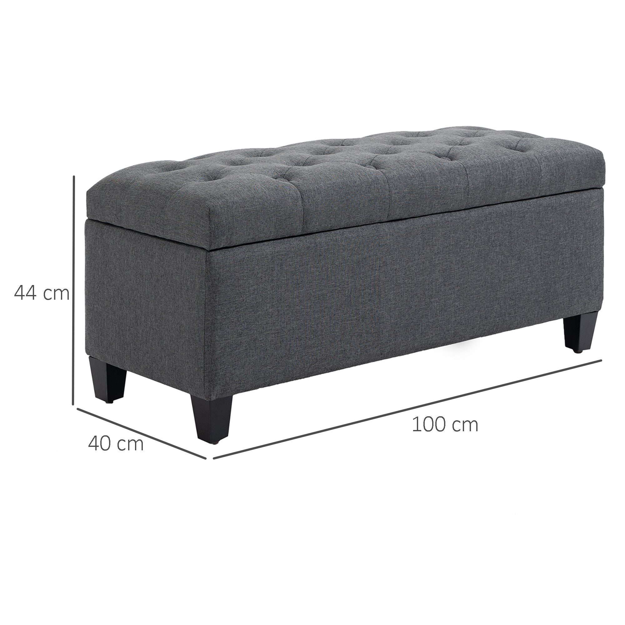HOMCOM Sitzbank Stauraum mit Leinenoptik, Holzbeine für Flur (Truhenbank, 1-St., Polsterbank), Schlafzimmer, Wohnzimmer, Gummiholz, Dunkelgrau, 100 x 40 x 44 cm – Bild 3 von 5