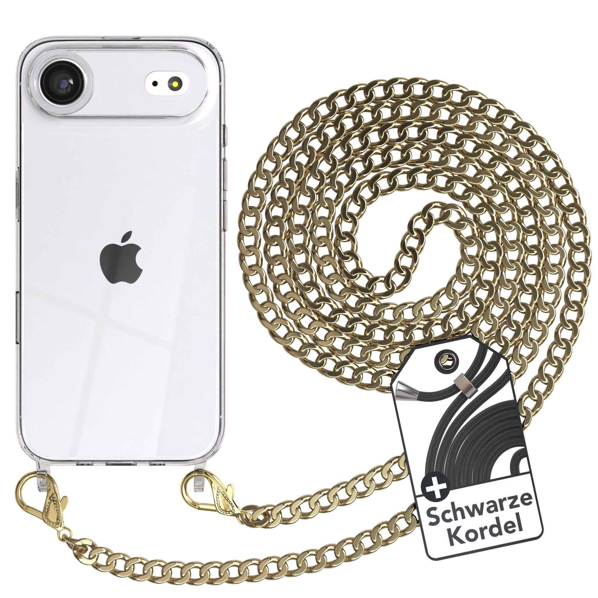 EAZY CASE Handykette 2in1 Metallkette für Apple iPhone Air 6,5 Zoll, Hülle mit Band Silikonhülle durchsichtig Necklace Cover Slimcover Gold
