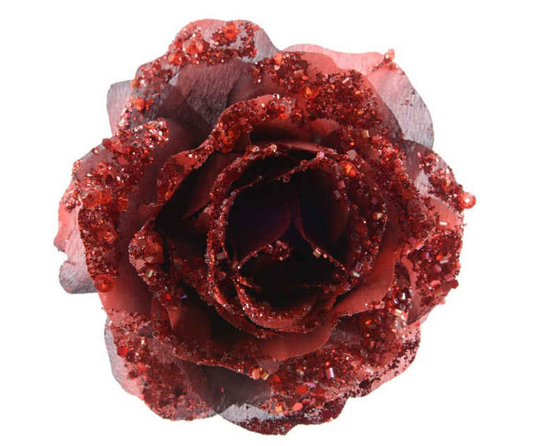 Decoris season decorations Weihnachtsbaumklammer, Kunstblumen Rose auf Clip 14cm ochsenblut