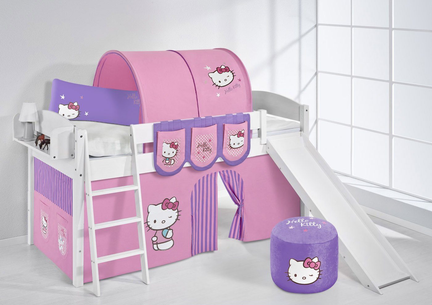 Lilokids Hochbett Spielbett IDA Hello Kitty Teilbares Hochbett mit Rutsche und Vorhang umbaubar in Einzelbett, Hochbett und L-Etagenbett
