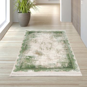 Teppich Wollteppich mit Ornamenten & Fransen in grün, TeppichHome24, rechteckig, Höhe: 10 mm