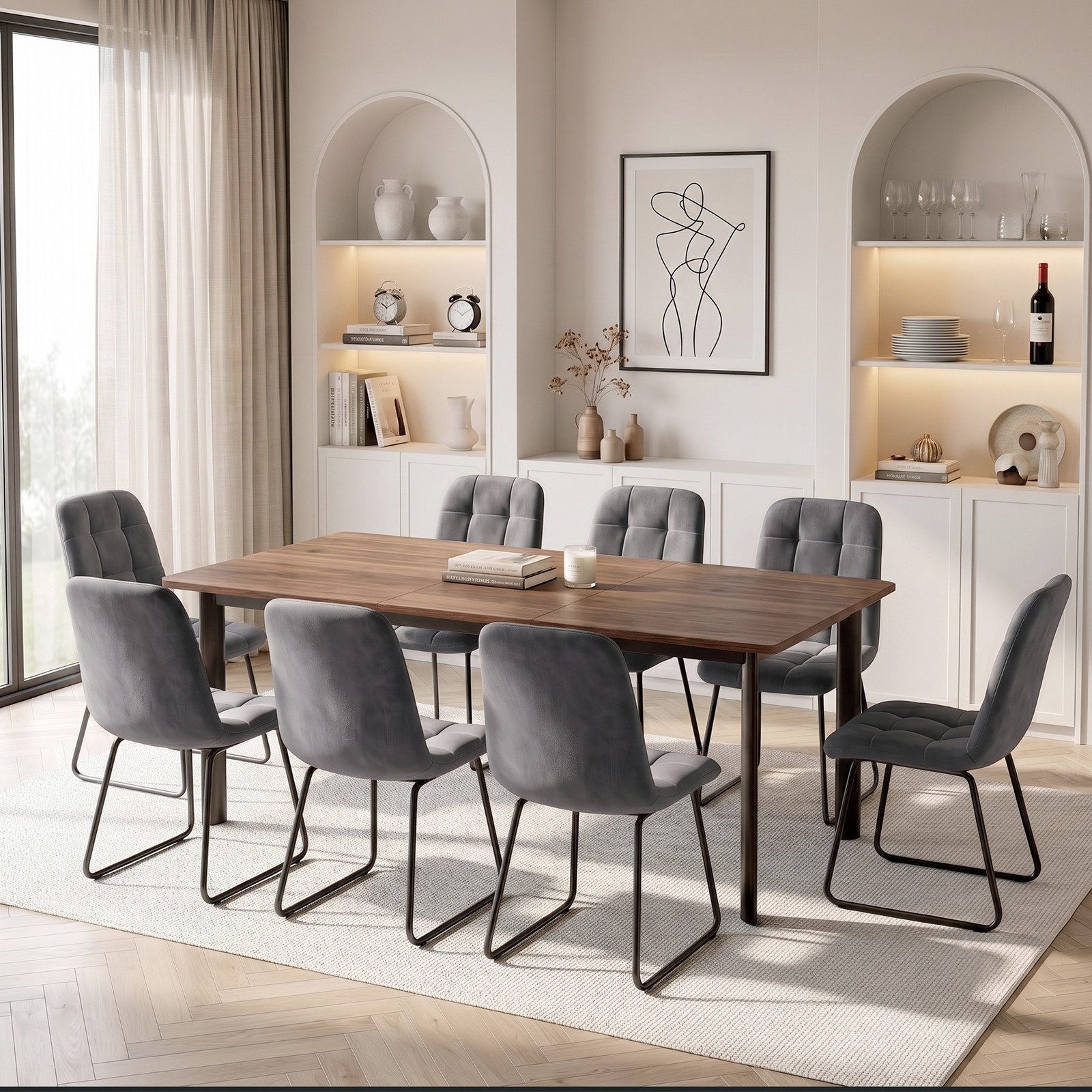 Jiexi Essgruppe Ausziehbares Esszimmerset (2m): MDF-Tisch & 8 Polsterstühle