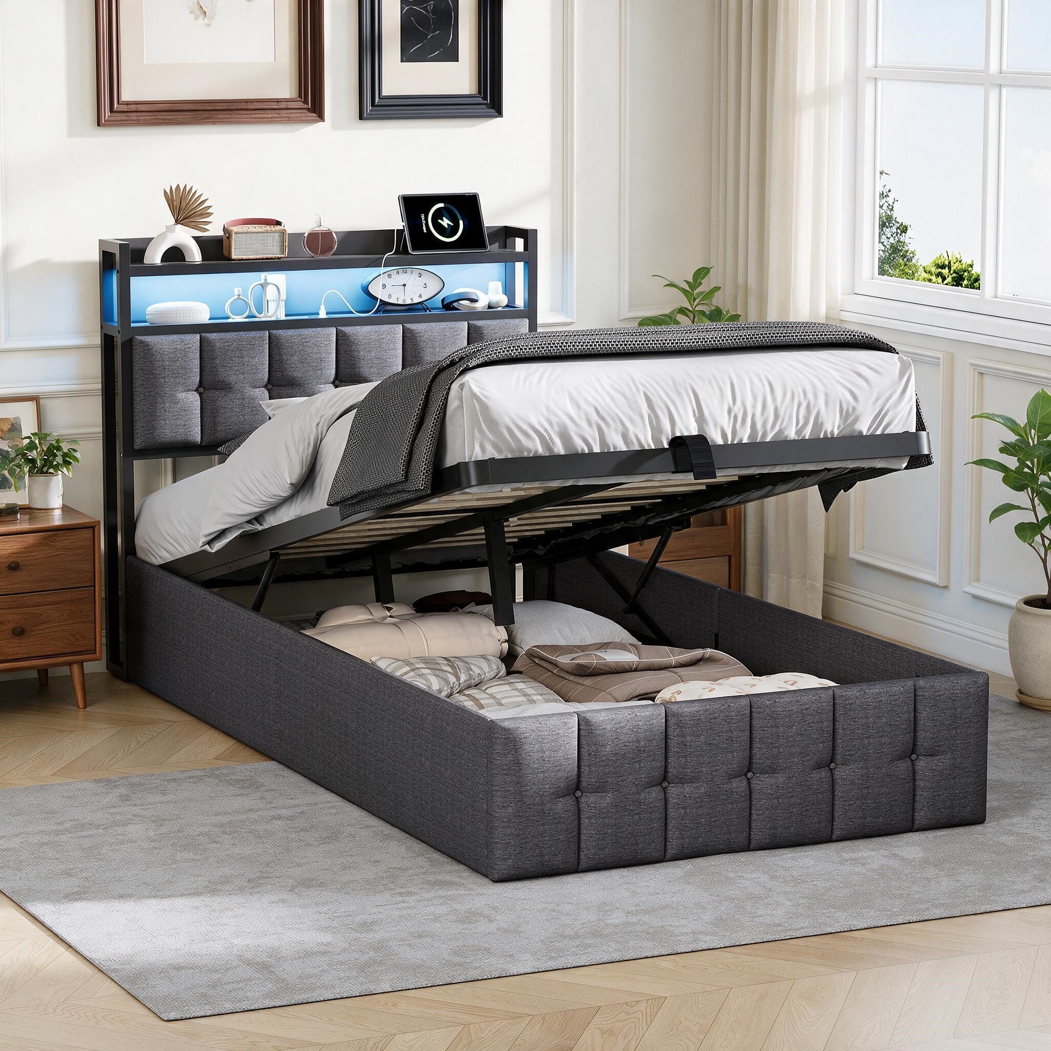 Simurq Einzelbett Kinder‑Bettkasten 90x200cm, Einzelbett mit Stauraum‑Kopfteil, LED, USB