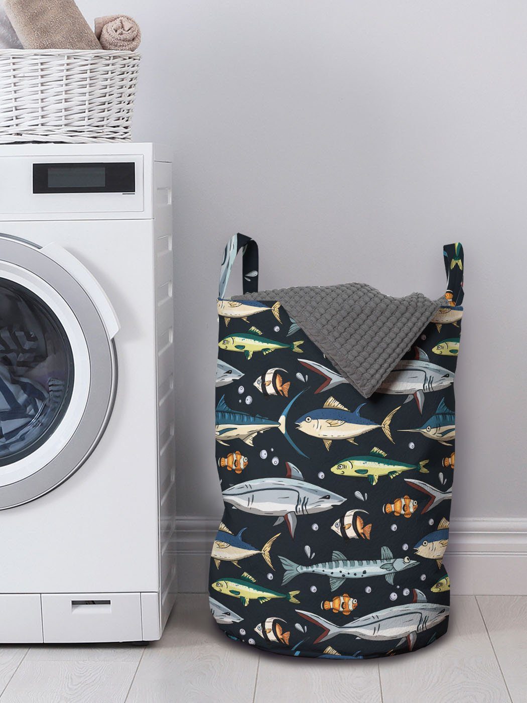 Abakuhaus Wäschesäckchen Wäschekorb mit Griffen und Kordelzugverschluss Nautisch Fische Verschiedene Blasen für Waschsalons
