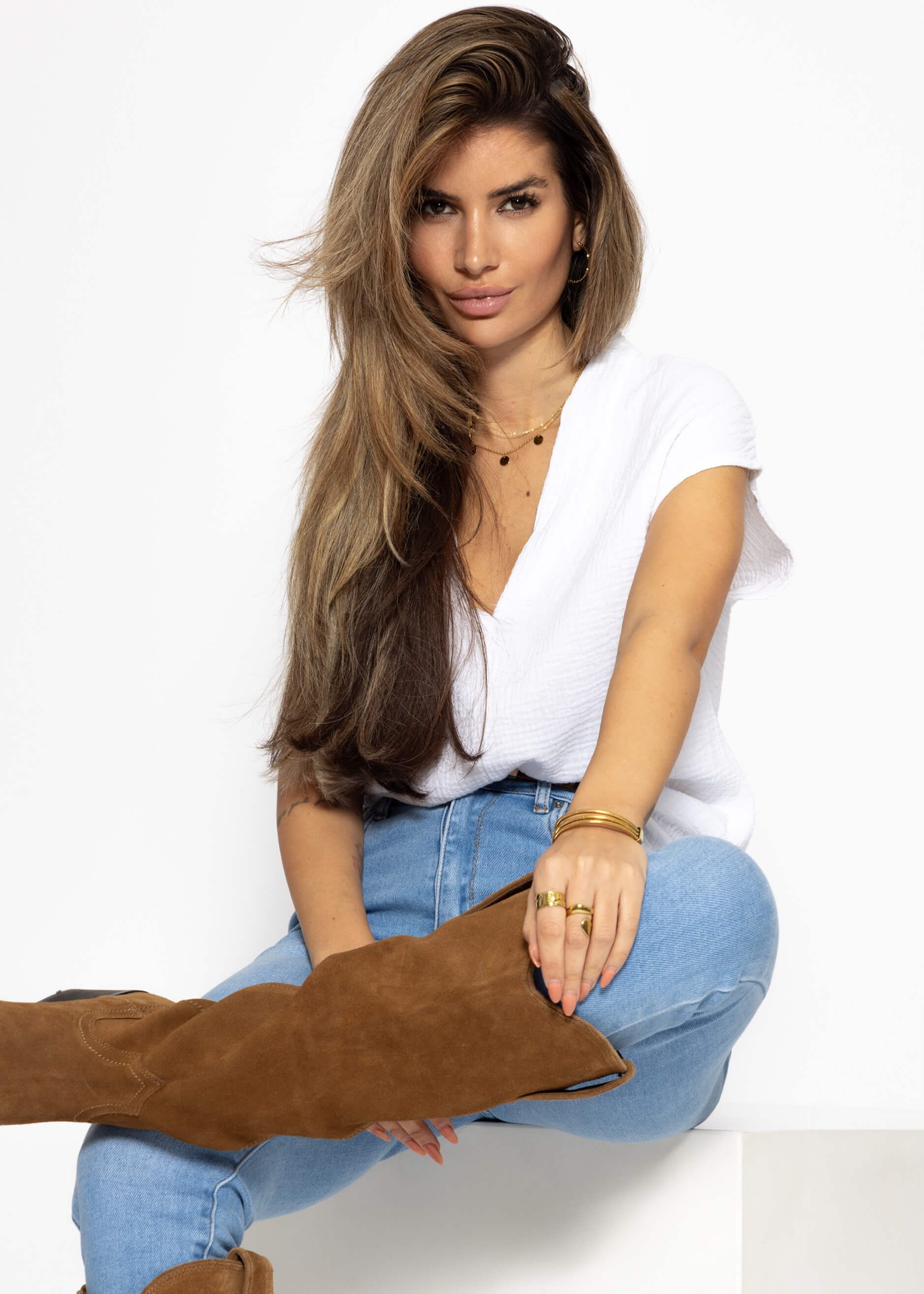 SASSYCLASSY Kurzarmshirt Musselin Shirt Damen kurz mit V-Ausschnitt Elegant günstig online kaufen