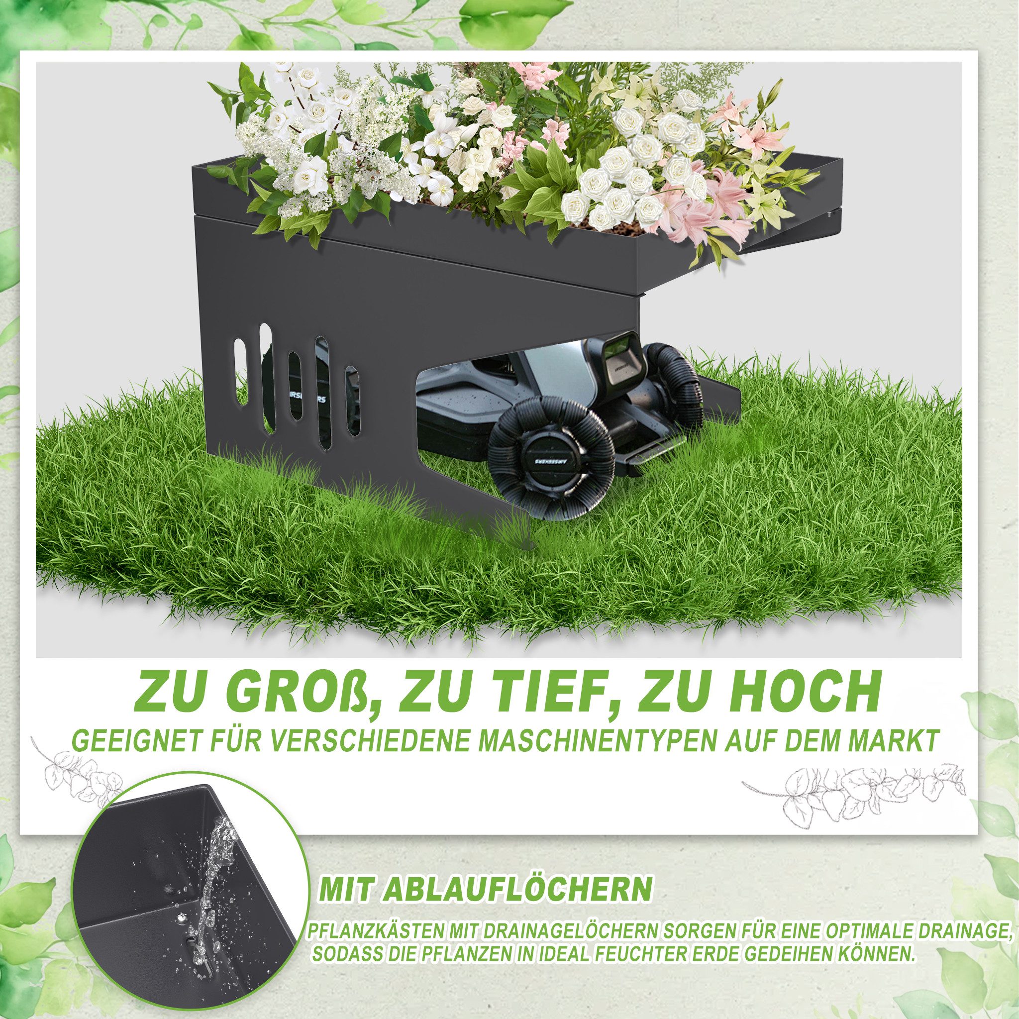 FIVMEN Mähroboter-Garage Metall Schutzüberdachung für Rasenroboter mit Pflanzkaste Überdachung, UV-Schutz Carport für Mähroboter Rasenmäher, 70x60x43cm – Bild 5 von 5