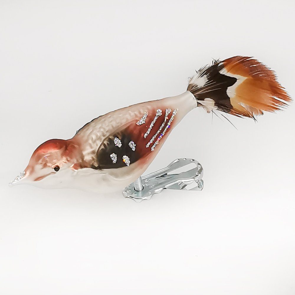 Schatzhauser Christbaumschmuck Grauchen mit (1-tlg), handbemalt 7cm mundgeblasen, Naturfedern, Vogel