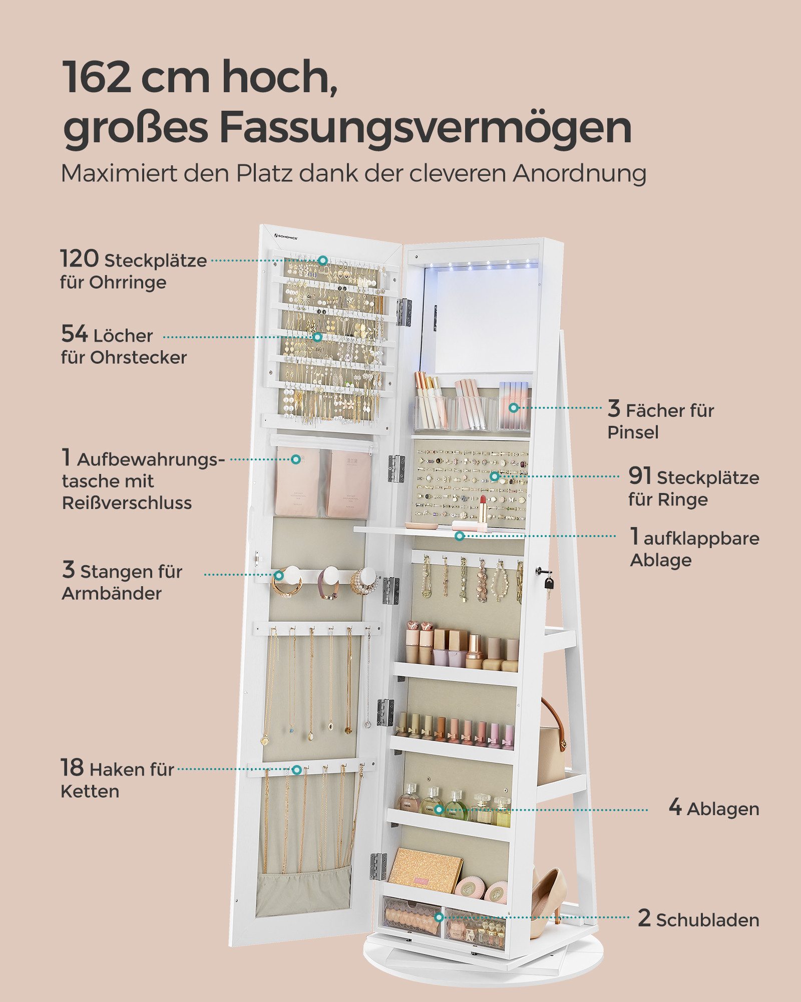 SONGMICS Schmuckschrank Spiegelschrank abschließbar, 3 Ablagen 360° drehbar, mit rahmenlosem Ganzkörperspiegel, Oberfläche – Bild 4 von 5