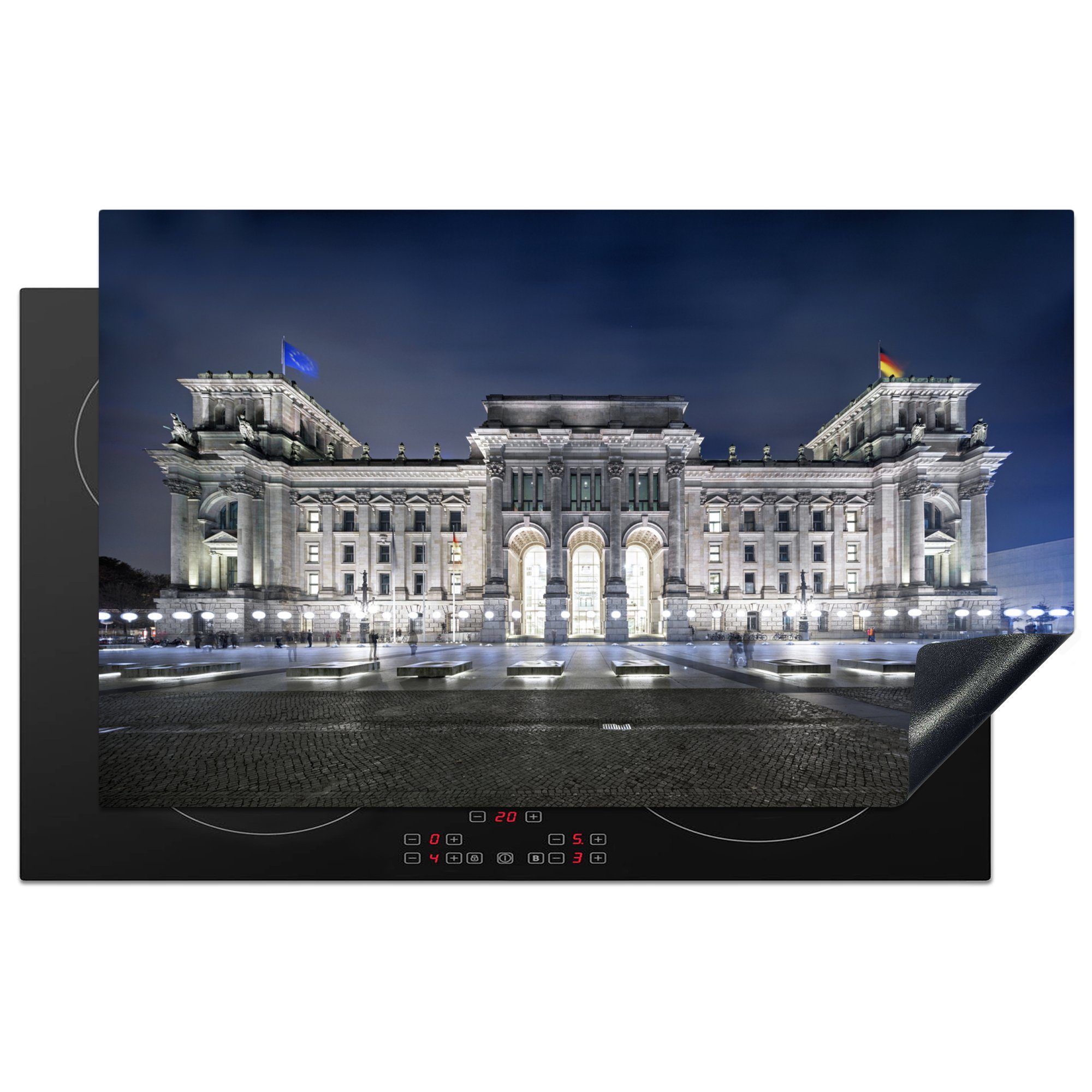 MuchoWow Herdblende-/Abdeckplatte Das Reichstagsgebäude in Berlin bei Nacht beleuchtet, Vinyl, (1 tlg), 83x51 cm, Ceranfeldabdeckung, Arbeitsplatte für küche