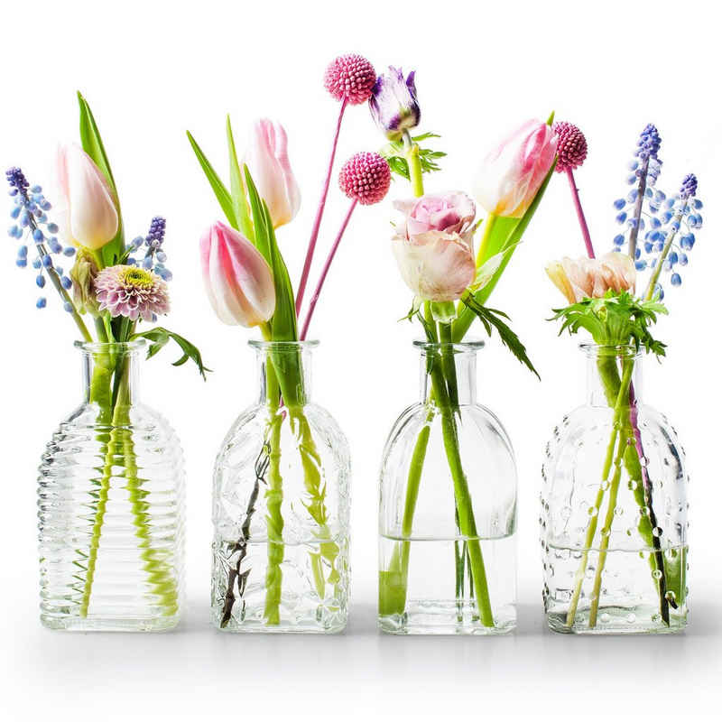 Annastore Dekovase 12 kleine Vasen aus Glas Vintage Blumenvasen Tischvasen Glasvasen 13cm, Dekoflaschen, Glasflaschen, Glasfläschchen