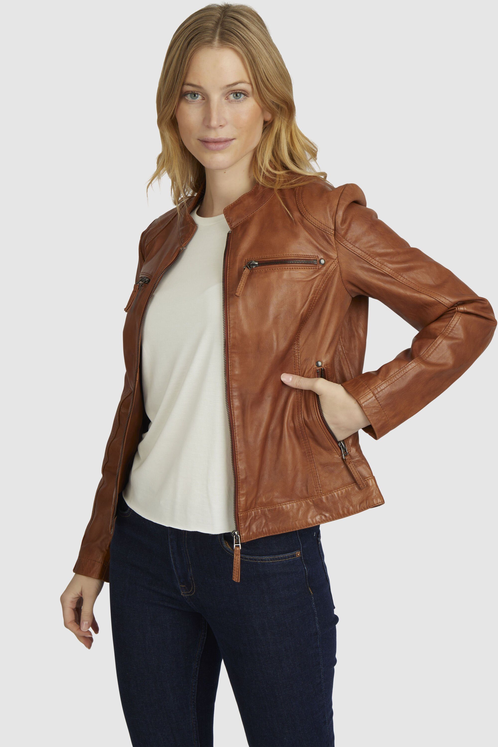 Cognac mit Milana 7eleven Lederjacke Paspeln