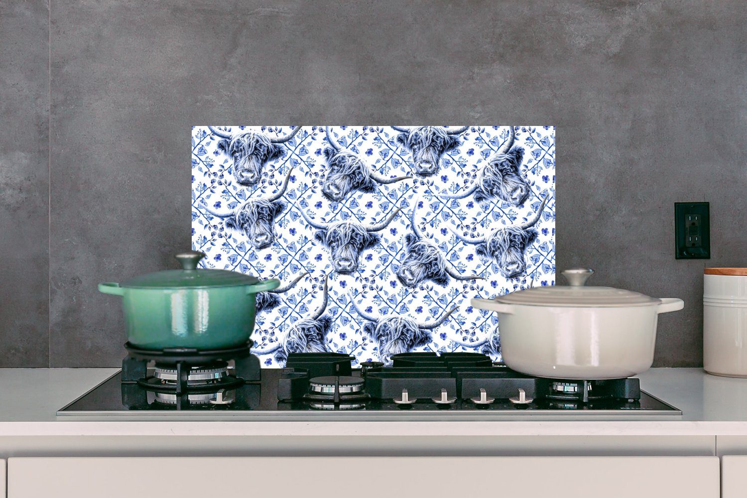 MuchoWow Küchenrückwand Schottischer 60x40 Temperaturbeständig aus Kuh - - küchen Blau, Delfter (1-tlg), Herdblende Wandschutz, Highlander cm