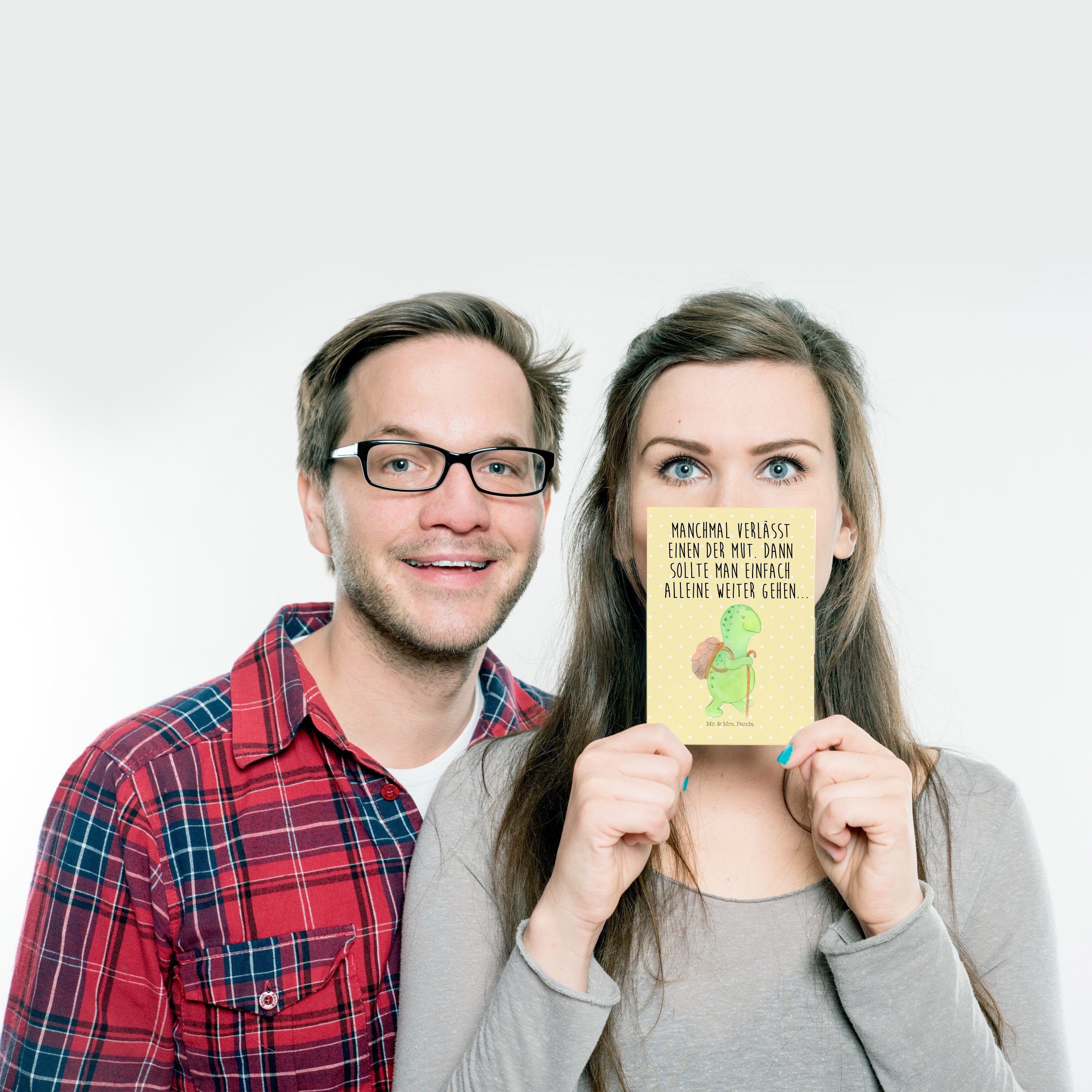 Mr. & Mrs. Geschenk, Schildkröte Mot Wanderer Panda Postkarte Gelb - - Pastell Geburtstagskarte