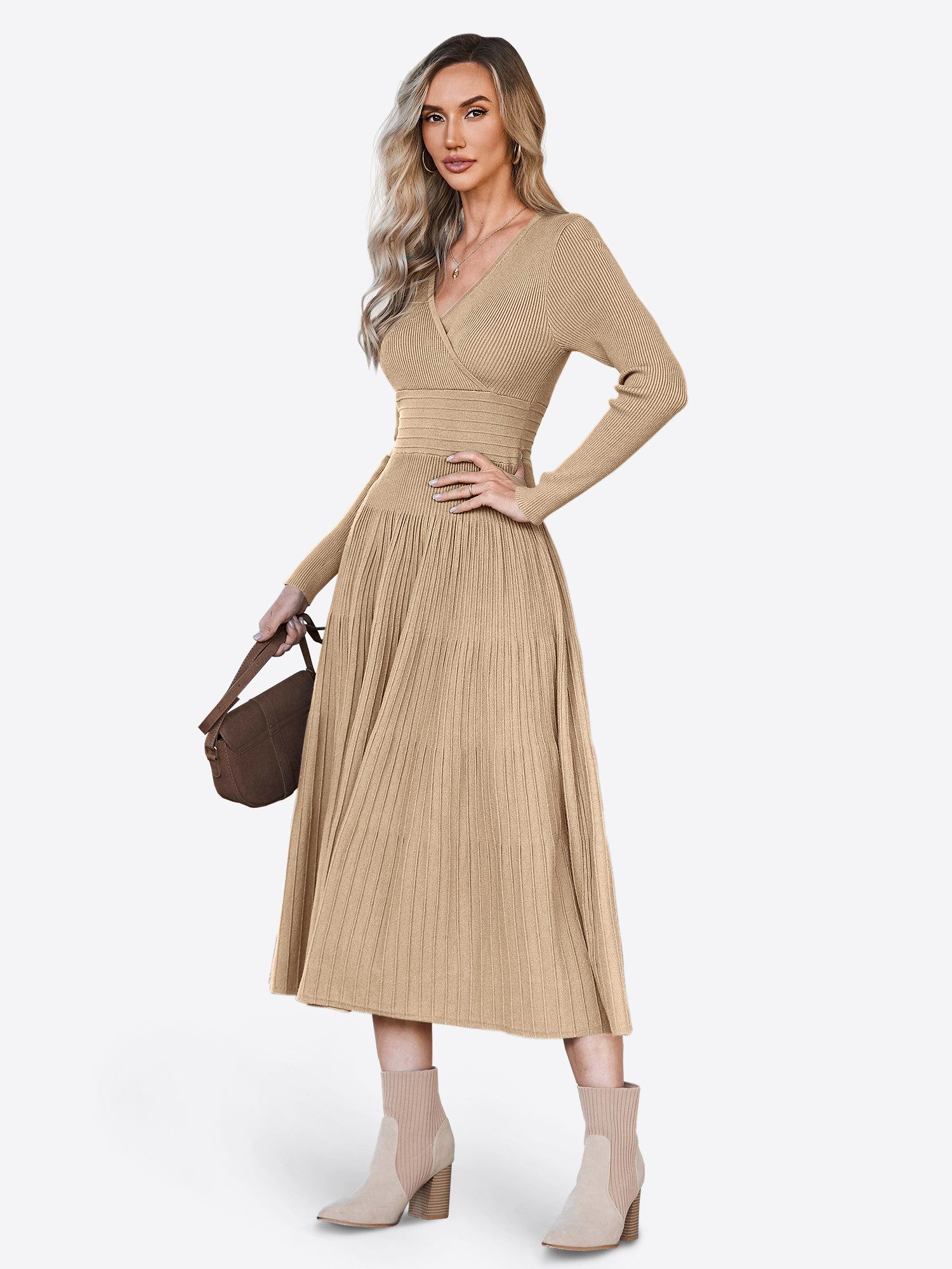 Imily Bela Strickkleid Damen Langarm Midi Pullover Kleid Wrap V-Ausschnitt günstig online kaufen