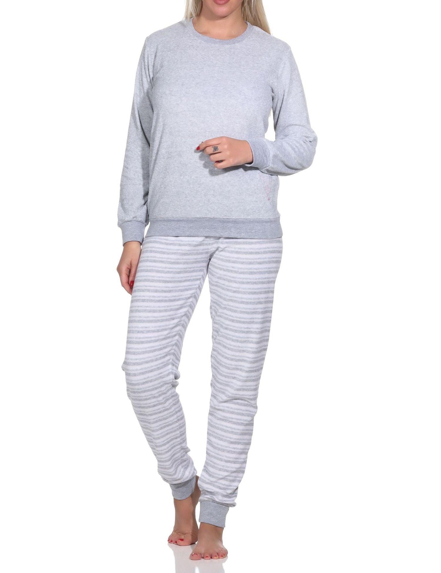 Normann Pyjama Damen Frottee Schlafanzug lang mit Bündchen und floraler Applikation