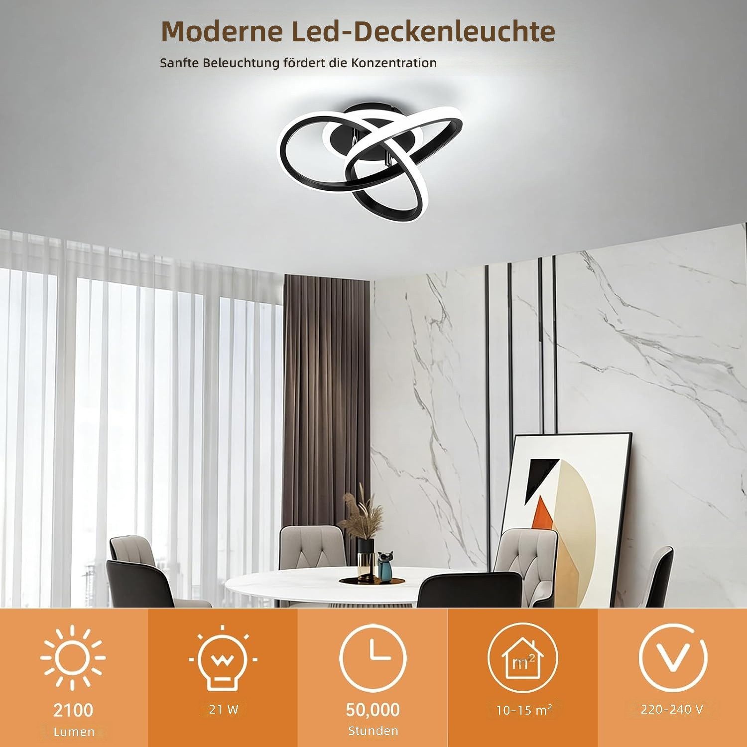 BlingBin Deckenleuchte 25CM Schwarz Dimmbar LED Deckenlampe 3 Blatten verflochten Modern, LED fest integriert, Modern Deckenlampe 3000-6500K für Wohnzimmer Küche Flur