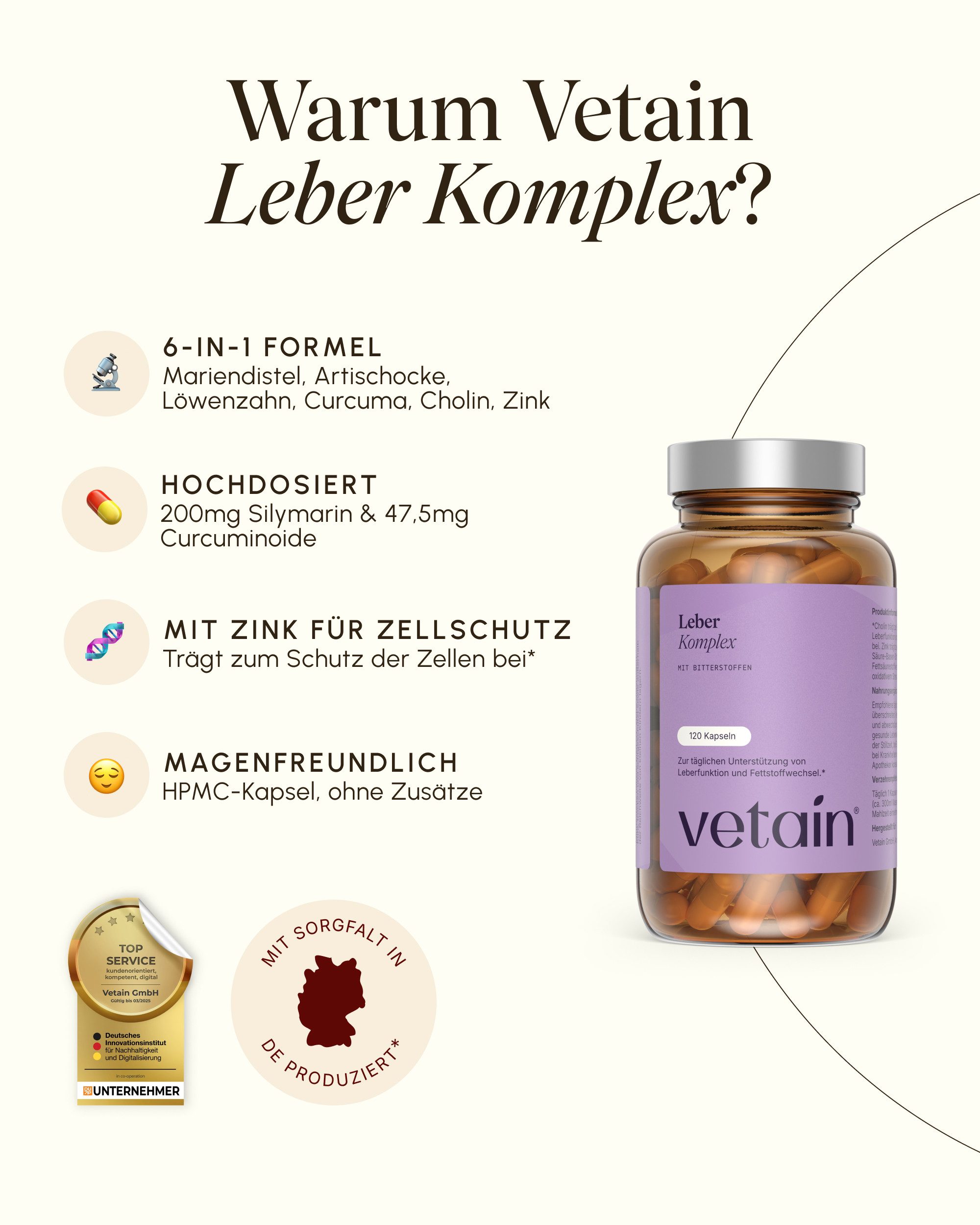 VETAIN VETAIN Leber Komplex - Mit Mariendistel & Cholin - 6-in-1 Leberkur Kapseln, 120 er, Löwenzahn, Cholin, Artischocke, Curcuma & Zink, Hochdosiert & vegan