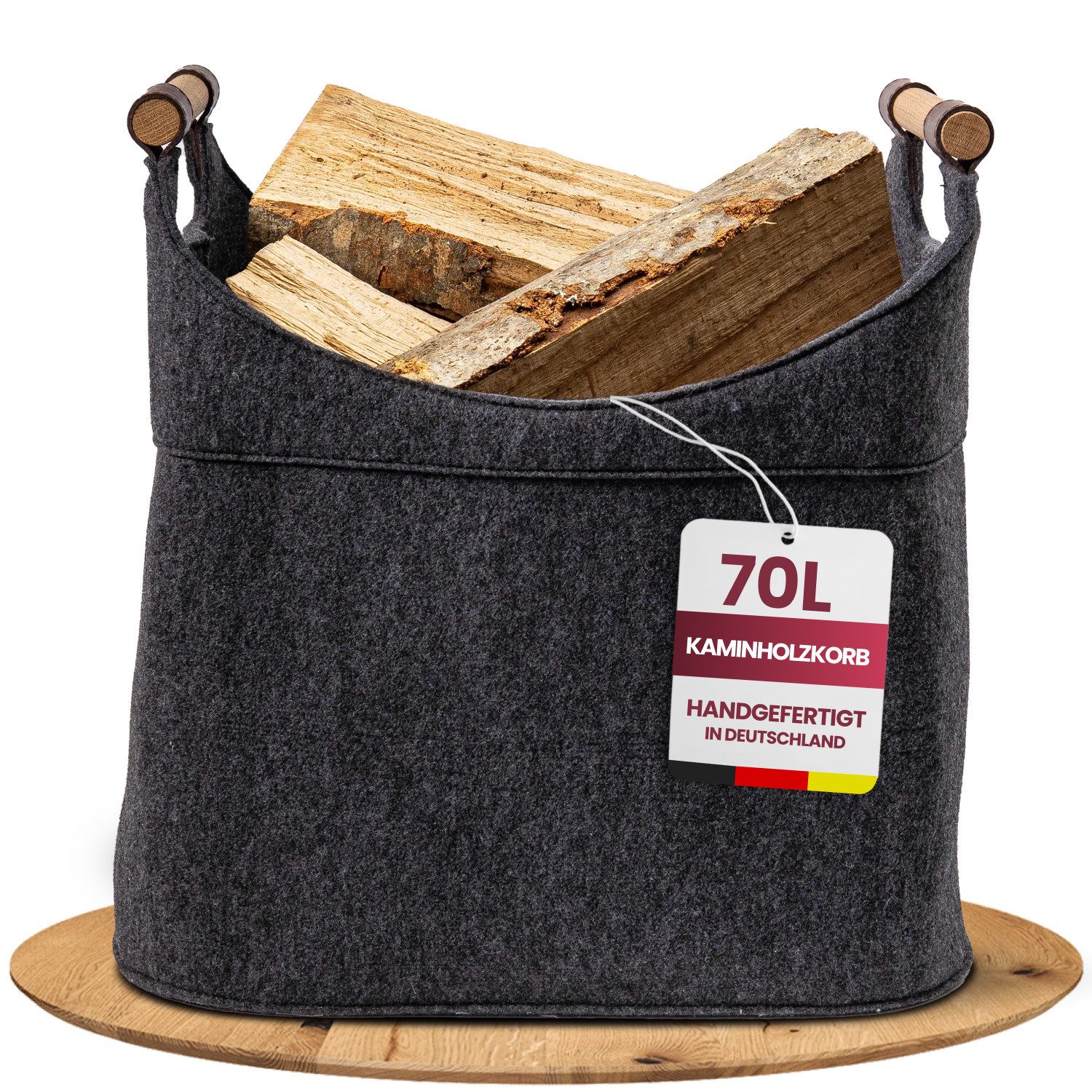 Easy and Green Kaminholzkorb Filz mit Echtholzhenkeln (Eiche) und Aufsatztaschen, Made in Germany
