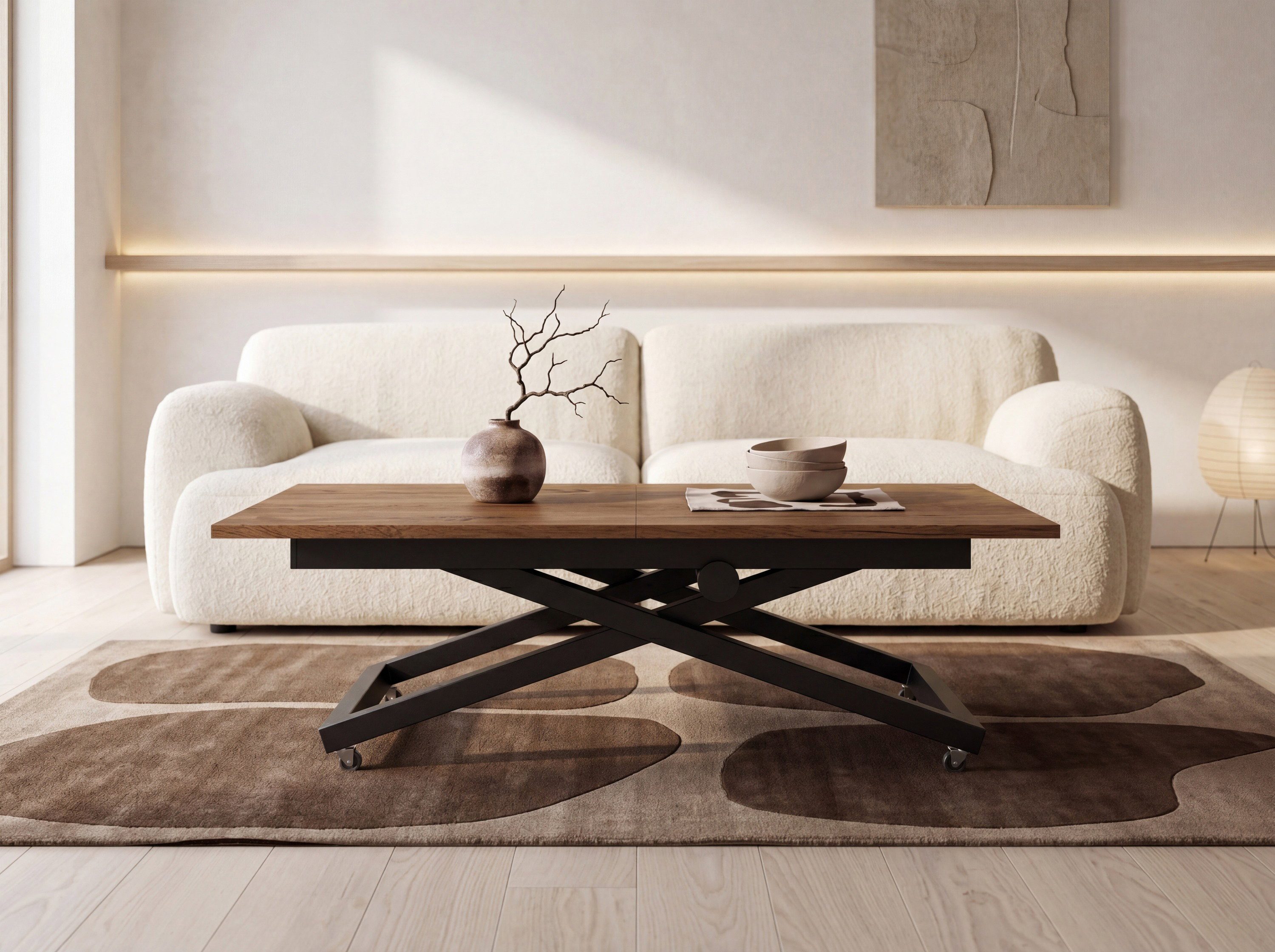 WFL GROUP Couchtisch Axen Ausziehbarer Höhenverstellbarer Couchtisch mit X-Metallgestell (MADE IN EU, 120 x 80 cm ausziehbar auf 160 cm, höhenverstellbar von 38 bis 75 cm), Multifunktional Rechteckiger Wohnzimmertisch mit Rollen
