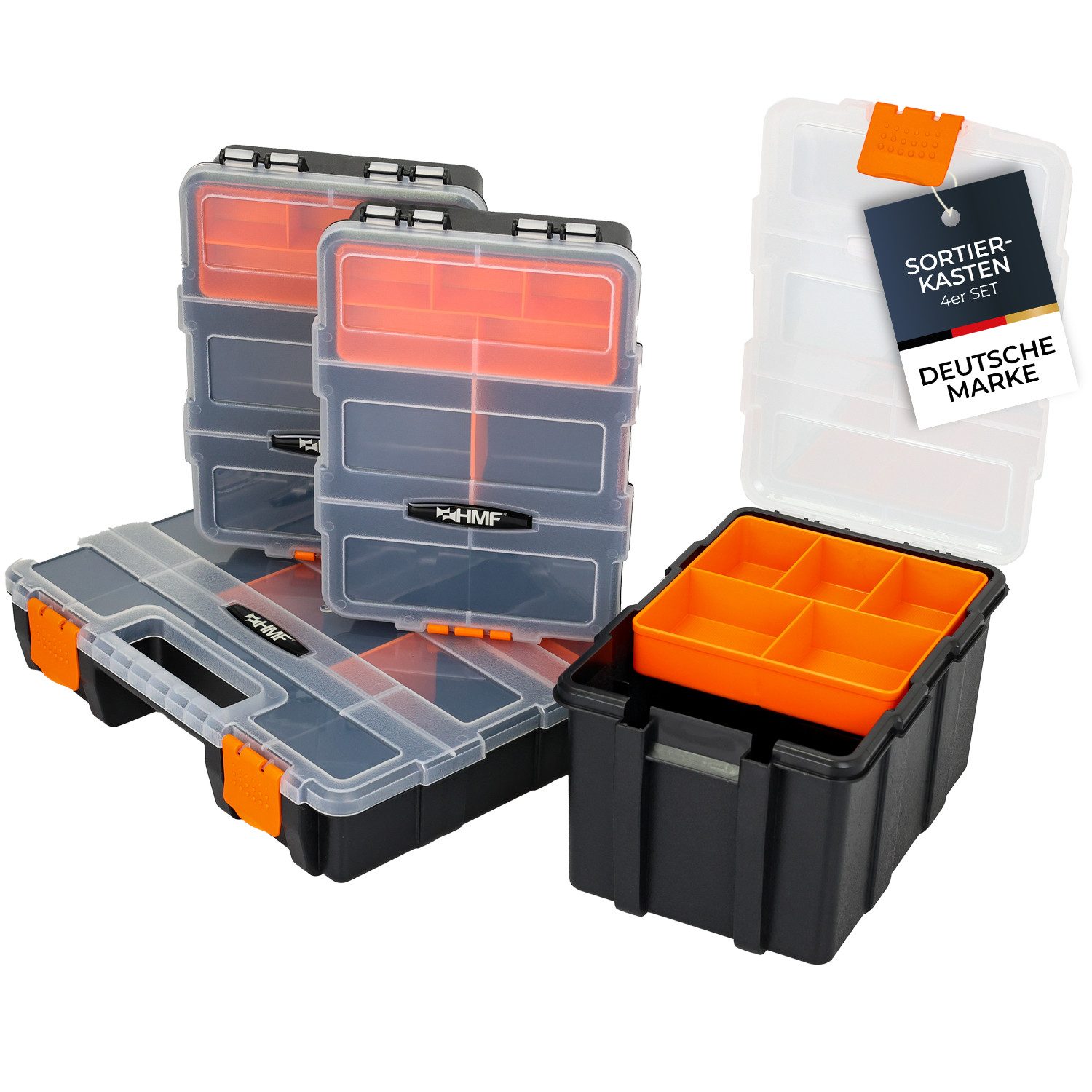HMF Sortimentskasten Sortierbox leer, Sortimentskasten für Werkzeug und Kleinteile (Set, 4 Boxen), 49 Fächer, transparenter Deckel, Schwarz-Orange