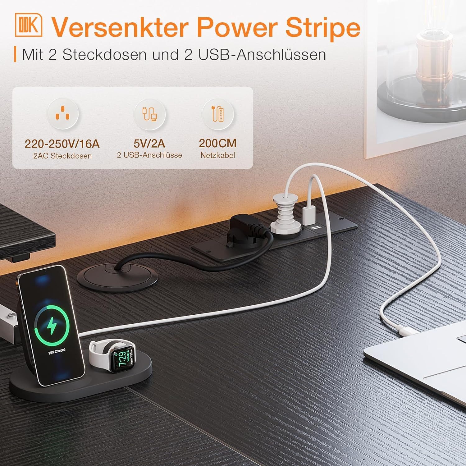 ODK Eckschreibtisch L-Form mit 4 Schubladen, 2 USB Ladeanschlüssen & 2 Steckdosen