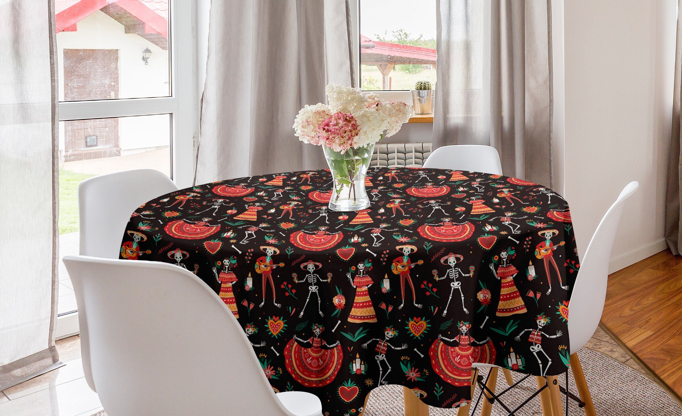 Abakuhaus Tischdecke Kreis Tischdecke Abdeckung für Esszimmer Küche Dekoration, Dia De Los Muertos Mexican Skeleton