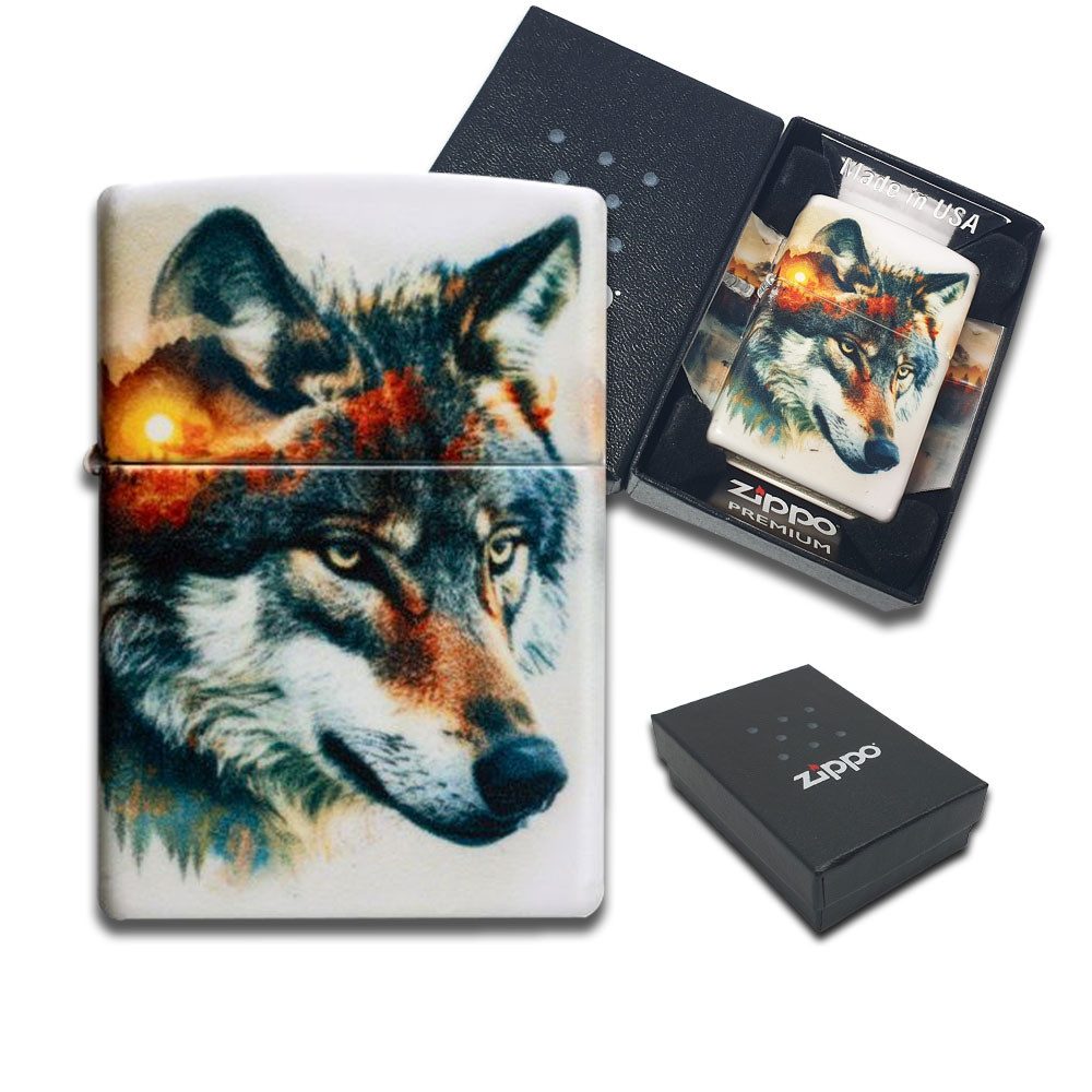 Zippo Feuerzeug Zippo Wolf Motive Зажигалки Benzinfeuerzeug Geschenk Box, Geschenk Box, Anmutige Wolf Designs