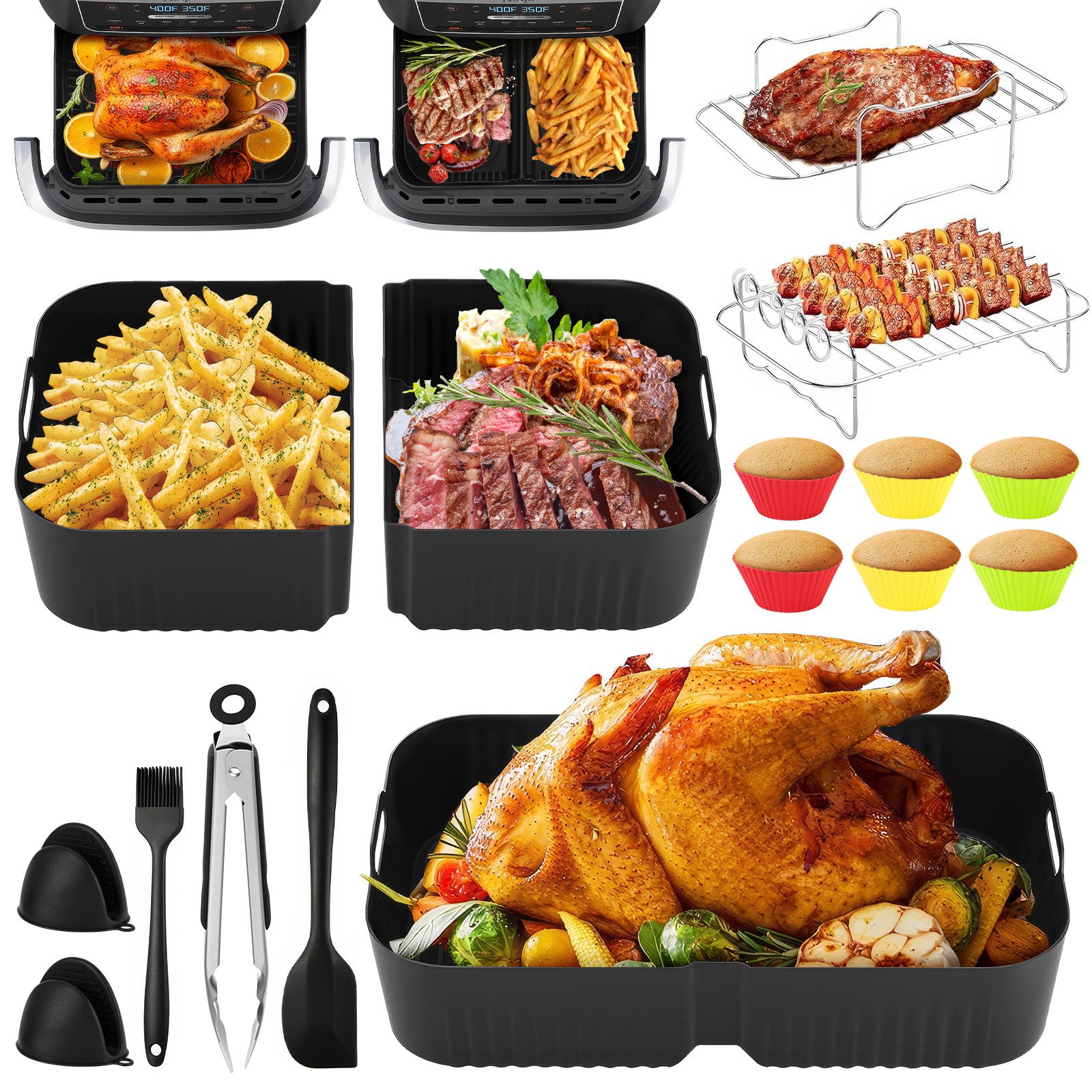 BlingBin Küchenmaschinen Zubehör-Set 16 Stück Silikon Backform Set Wiederverwendbar, Zubehör für NinjaAF400EU AF500EU, mit 2x 5L+10L Silikonform,Grillrost,Muffinförmchen,Zange,Backhandschuh