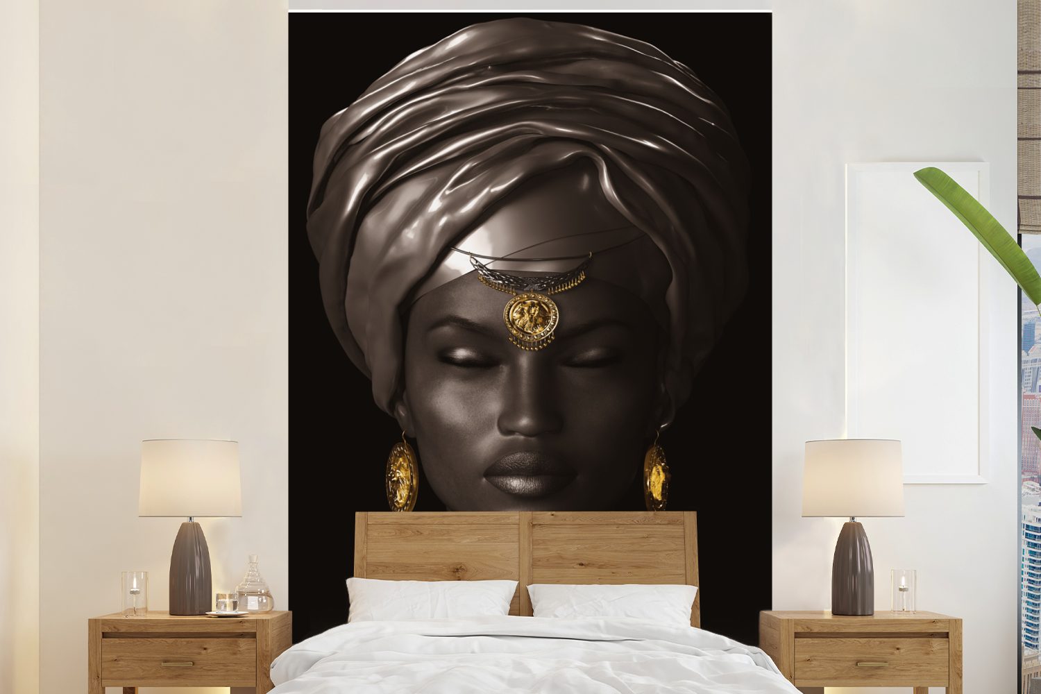 MuchoWow Fototapete Frau - Afrika - Schwarz - Gold, Matt, bedruckt, (3 St), Montagefertig Vinyl Tapete für Wohnzimmer, Wandtapete
