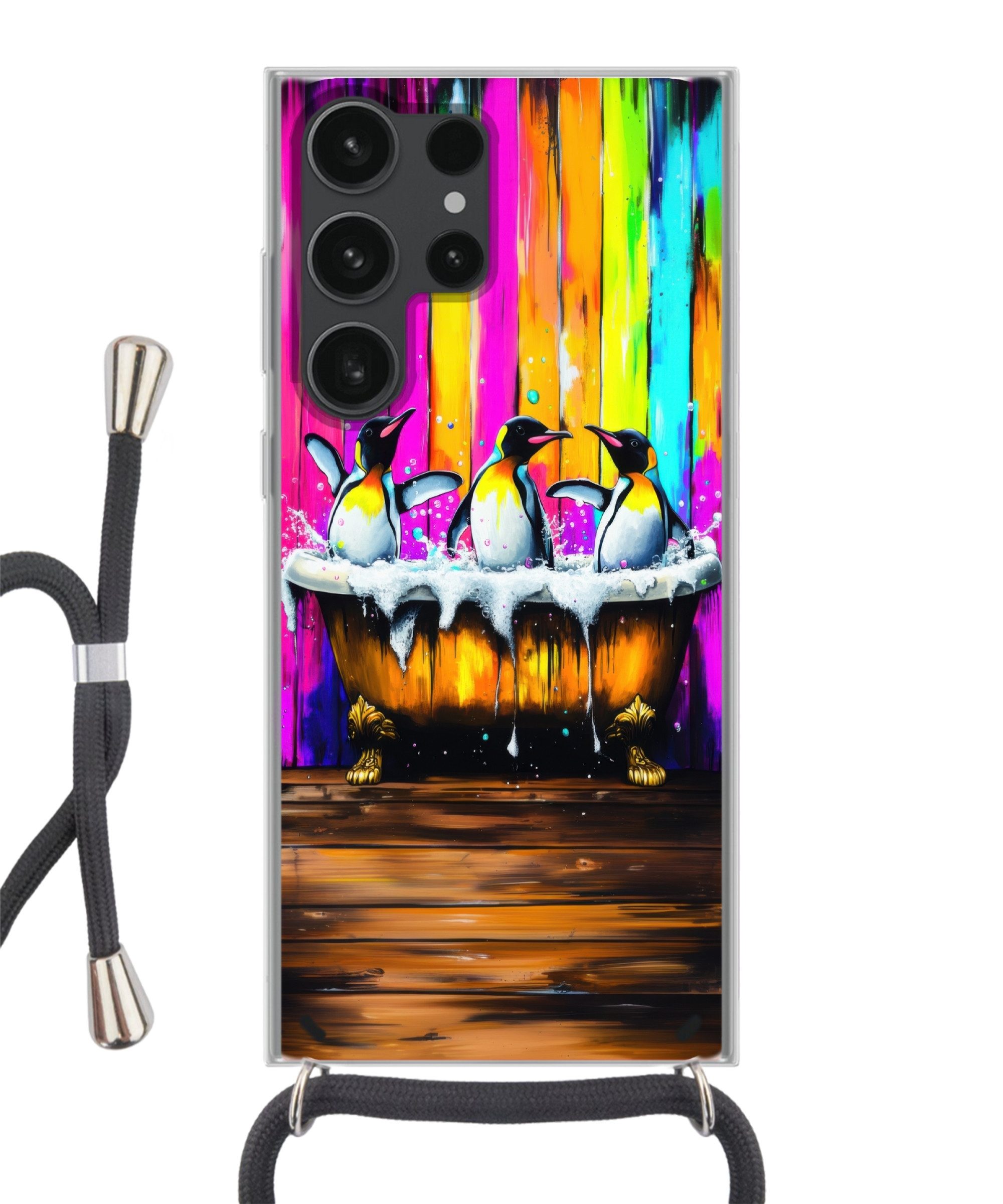 MuchoWow Handyhülle für Samsung Galaxy S23 Ultra Pinguine - Badewanne - Bunt - Schaumstoff, Tragbare Handyhüllen mit Kette zum umhängen, Handykette Handyband