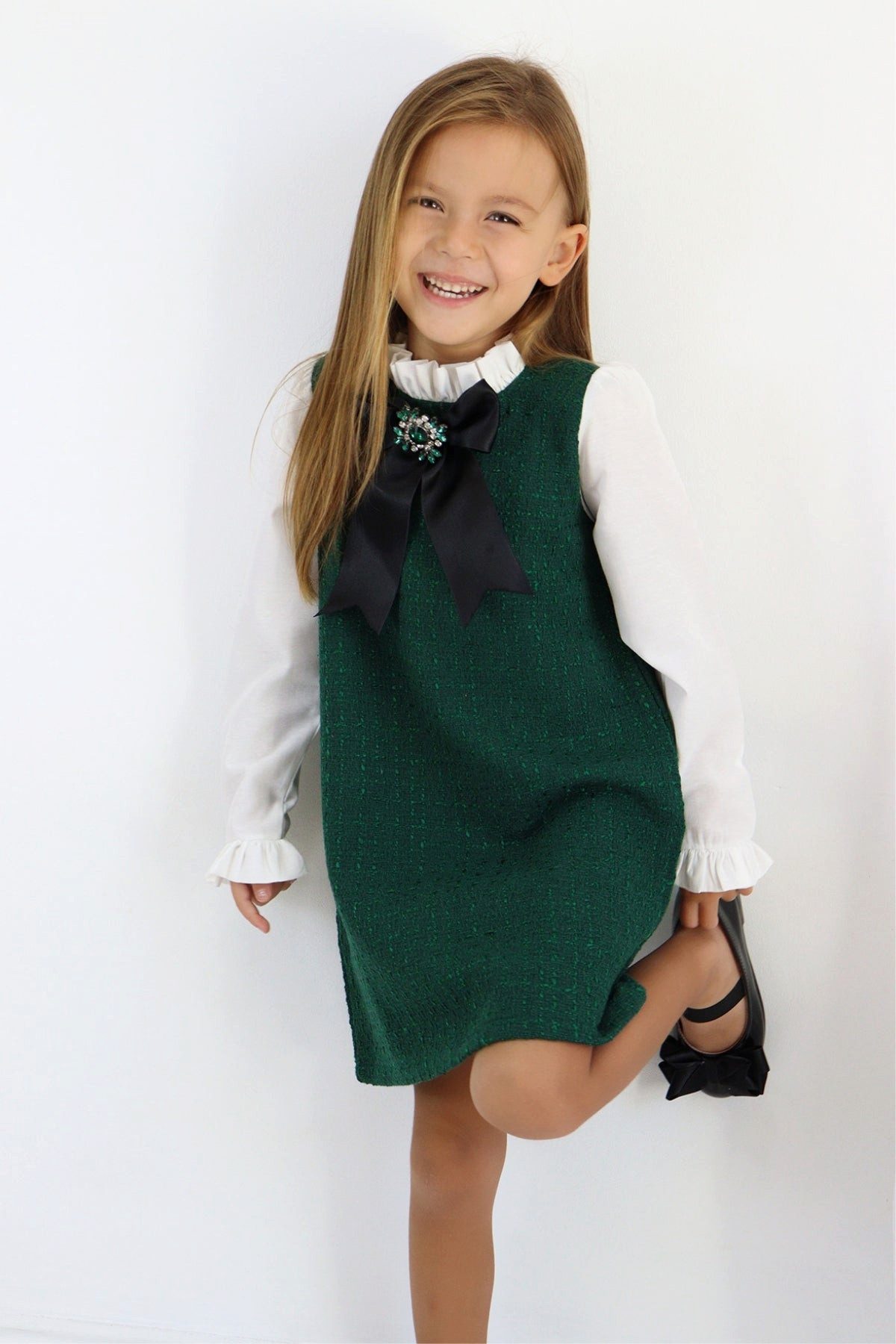 Parla Kids 2-in-1-Kleid Kleid mit Tweed in grün abnehmbare Brosche mit Zirkoniastein (1-tlg) Abnehmbare Brosche