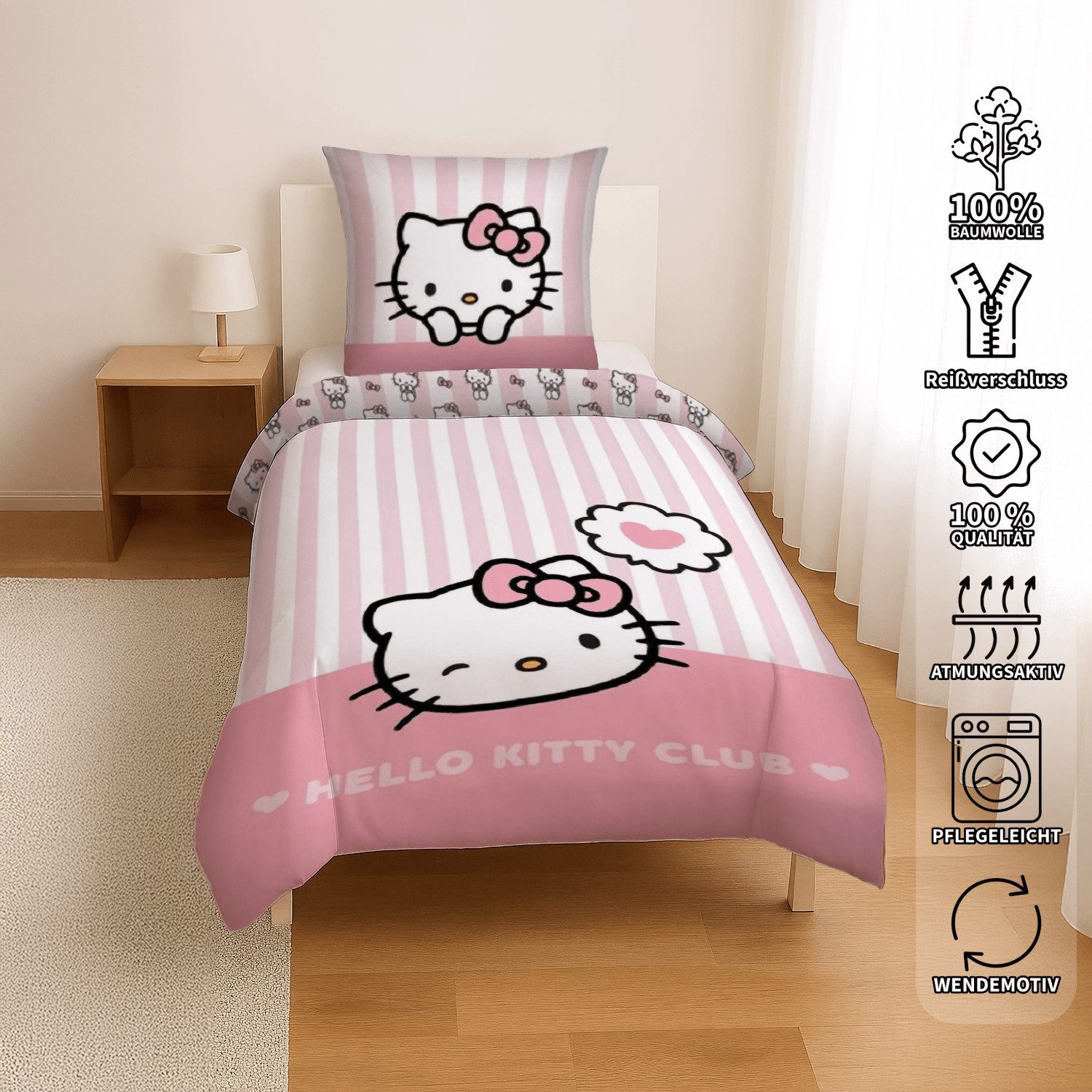 AY!Max Kinderbettwäsche Hello Kitty Club Wende Bettwäsche Set 2tlg 135 x 200 cm / 80 x 80 cm, 1 teilig, Langlebig