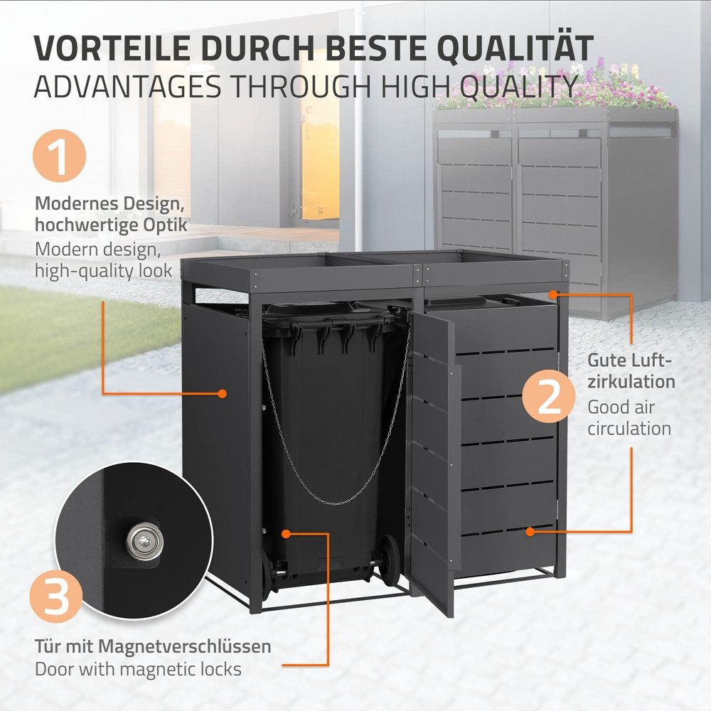 ML-DESIGN Mülltonnenbox Müllbox aus Stahl wetterfeste Mülltonnen Verkleidung Mülltonnengarage, Mülltonnencontainer mit Pflanzdach für 2 Tonnen 120 oder 240 Liter